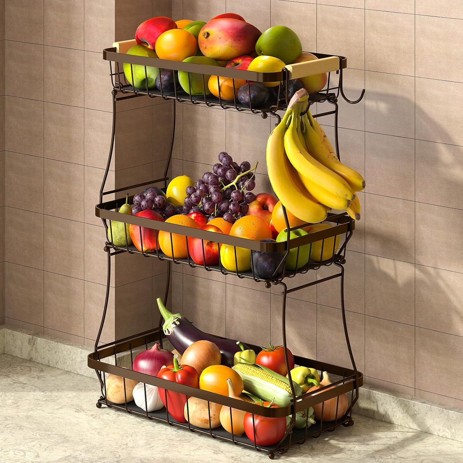 image:imageSevenblue 2 Tier Large Fruit Basket for Kitchen Counter with 2 Mobile Banana Hangers 2026 Pro Detachable Metal Fruit Bowl with Wooden Handle Silver 2 Tier Extra LargeBrown
