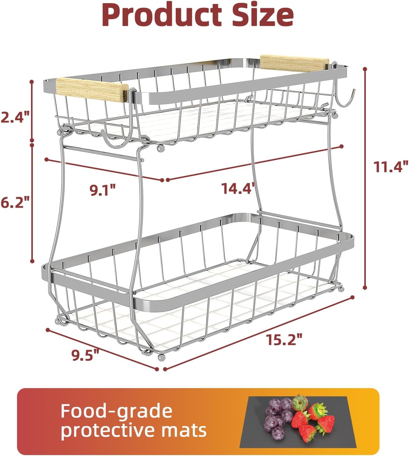 image:imageSevenblue 2 Tier Large Fruit Basket for Kitchen Counter with 2 Mobile Banana Hangers 2026 Pro Detachable Metal Fruit Bowl with Wooden Handle Silver 2 Tier Extra LargeSilver