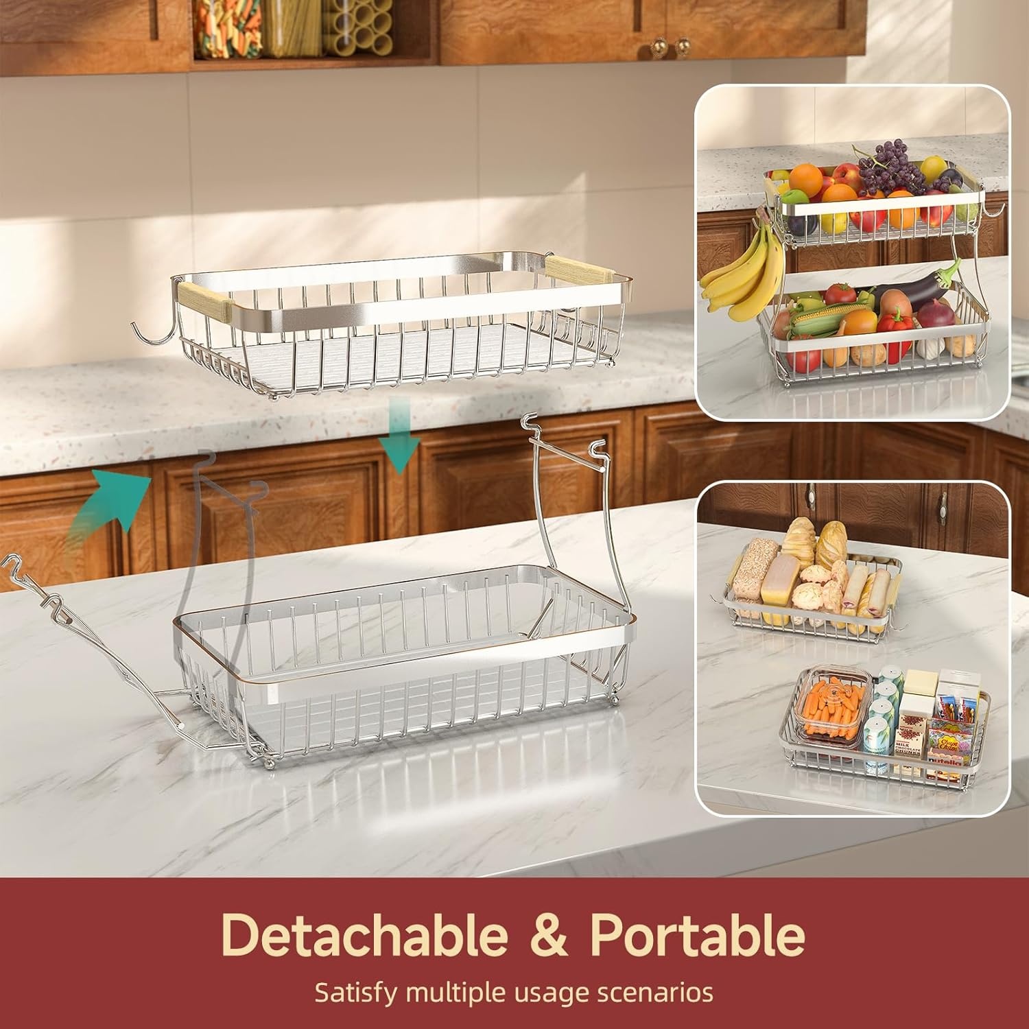 image:imageSevenblue 2 Tier Large Fruit Basket for Kitchen Counter with 2 Mobile Banana Hangers 2026 Pro Detachable Metal Fruit Bowl with Wooden Handle Silver 2 Tier Extra LargeSilver