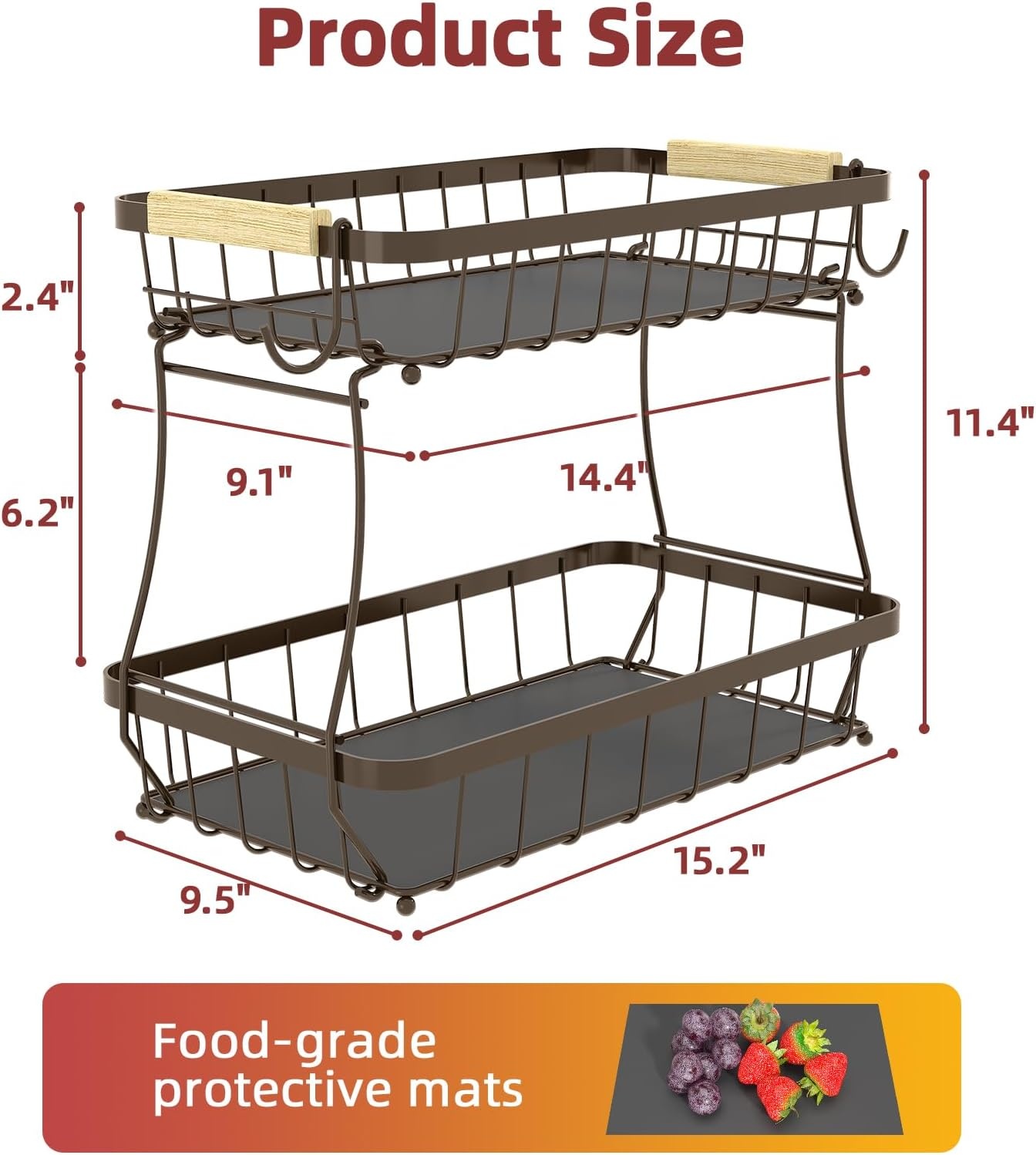 image:imageSevenblue 2 Tier Large Fruit Basket for Kitchen Counter with 2 Mobile Banana Hangers 2026 Pro Detachable Metal Fruit Bowl with Wooden Handle Silver 2 Tier Extra LargeBrown
