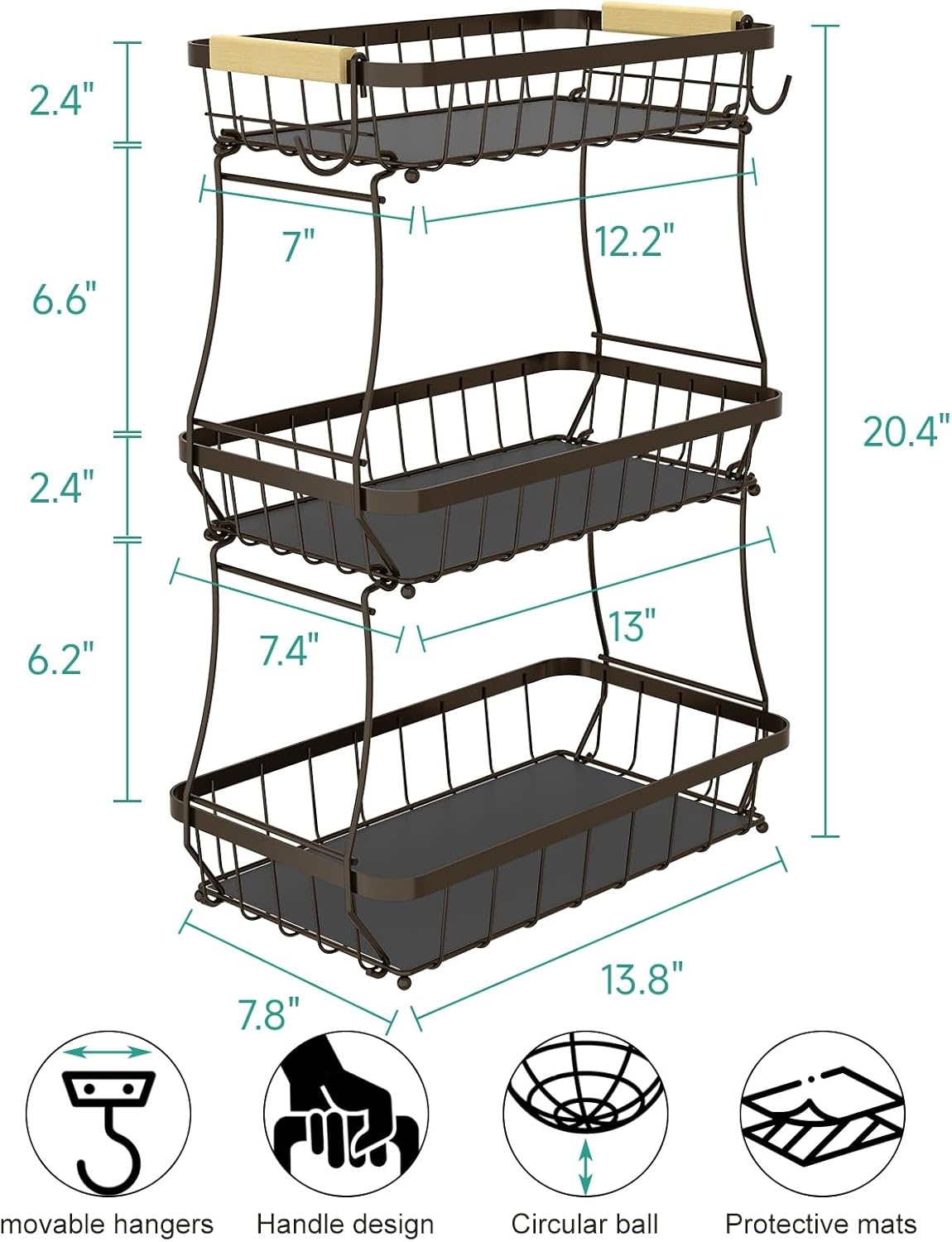 image:imageSevenblue 2 Tier Large Fruit Basket for Kitchen Counter with 2 Mobile Banana Hangers 2026 Pro Detachable Metal Fruit Bowl with Wooden Handle Silver 2 Tier Extra LargeBrown
