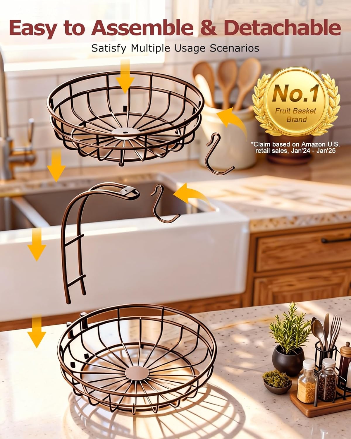 image:imageSevenblue 2 Tier Large Fruit Basket for Kitchen Counter with Removable Banana Hanger Sturdy Iron Fruit Bowl for Kitchen Counter and Vegetable Holder Fruit Holder for Home Decor BlackBrown