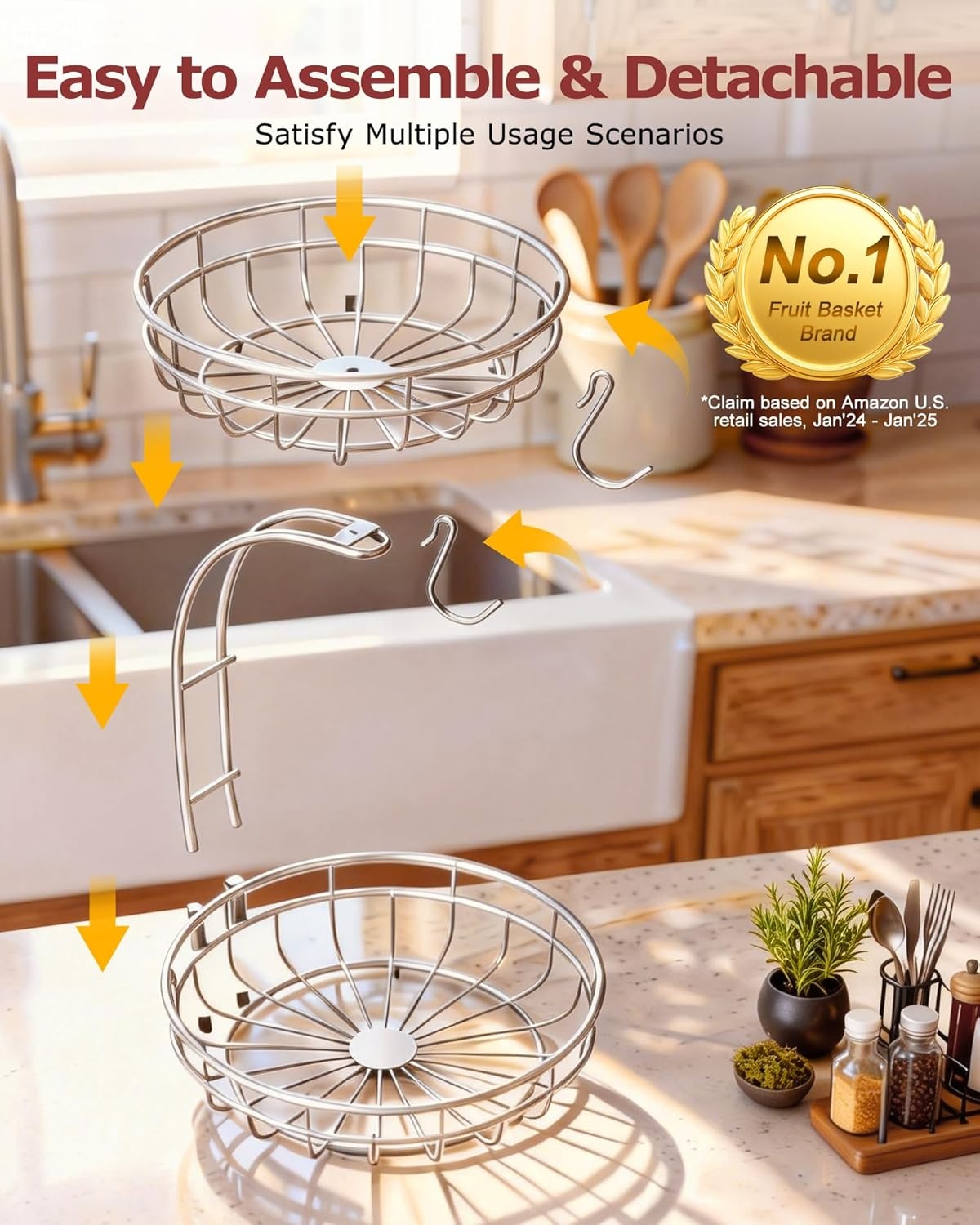 image:imageSevenblue 2 Tier Large Fruit Basket for Kitchen Counter with Removable Banana Hanger Sturdy Iron Fruit Bowl for Kitchen Counter and Vegetable Holder Fruit Holder for Home Decor BlackSilvery