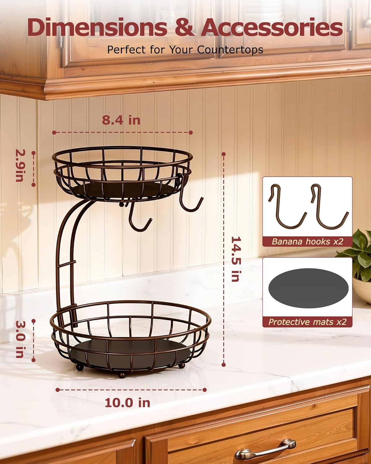 image:imageSevenblue 2 Tier Large Fruit Basket for Kitchen Counter with Removable Banana Hanger Sturdy Iron Fruit Bowl for Kitchen Counter and Vegetable Holder Fruit Holder for Home Decor BlackBrown