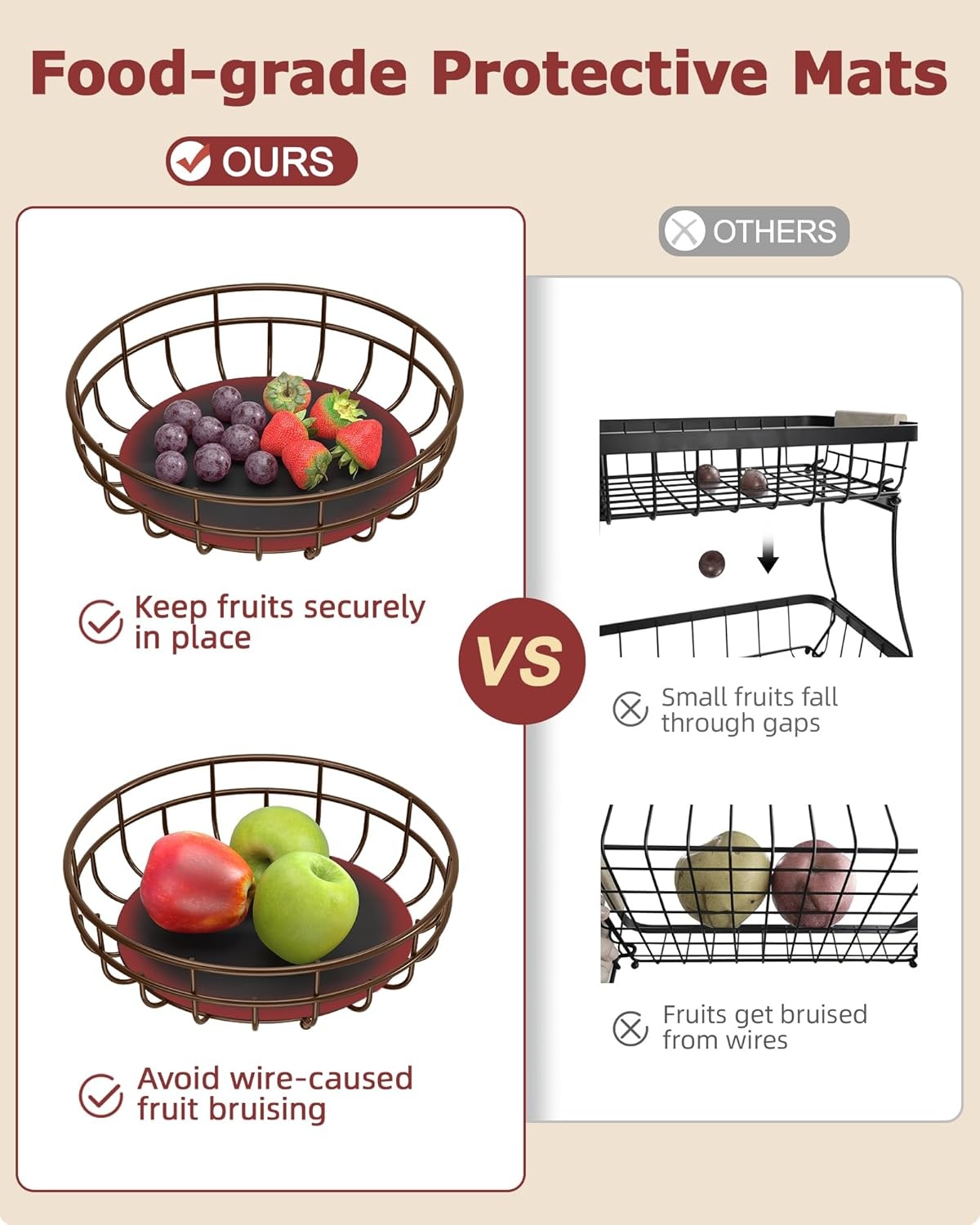 image:imageSevenblue 2 Tier Large Fruit Basket for Kitchen Counter with Removable Banana Hanger Sturdy Iron Fruit Bowl for Kitchen Counter and Vegetable Holder Fruit Holder for Home Decor BlackBrown
