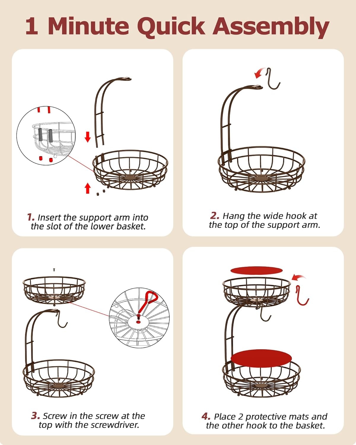 image:imageSevenblue 2 Tier Large Fruit Basket for Kitchen Counter with Removable Banana Hanger Sturdy Iron Fruit Bowl for Kitchen Counter and Vegetable Holder Fruit Holder for Home Decor BlackBrown