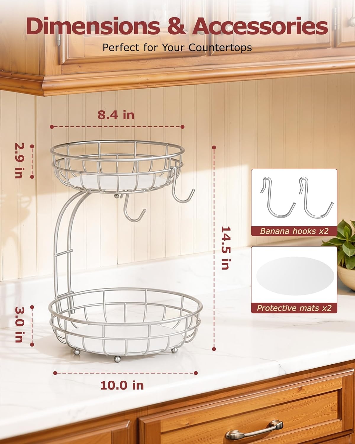 image:imageSevenblue 2 Tier Large Fruit Basket for Kitchen Counter with Removable Banana Hanger Sturdy Iron Fruit Bowl for Kitchen Counter and Vegetable Holder Fruit Holder for Home Decor BlackSilvery