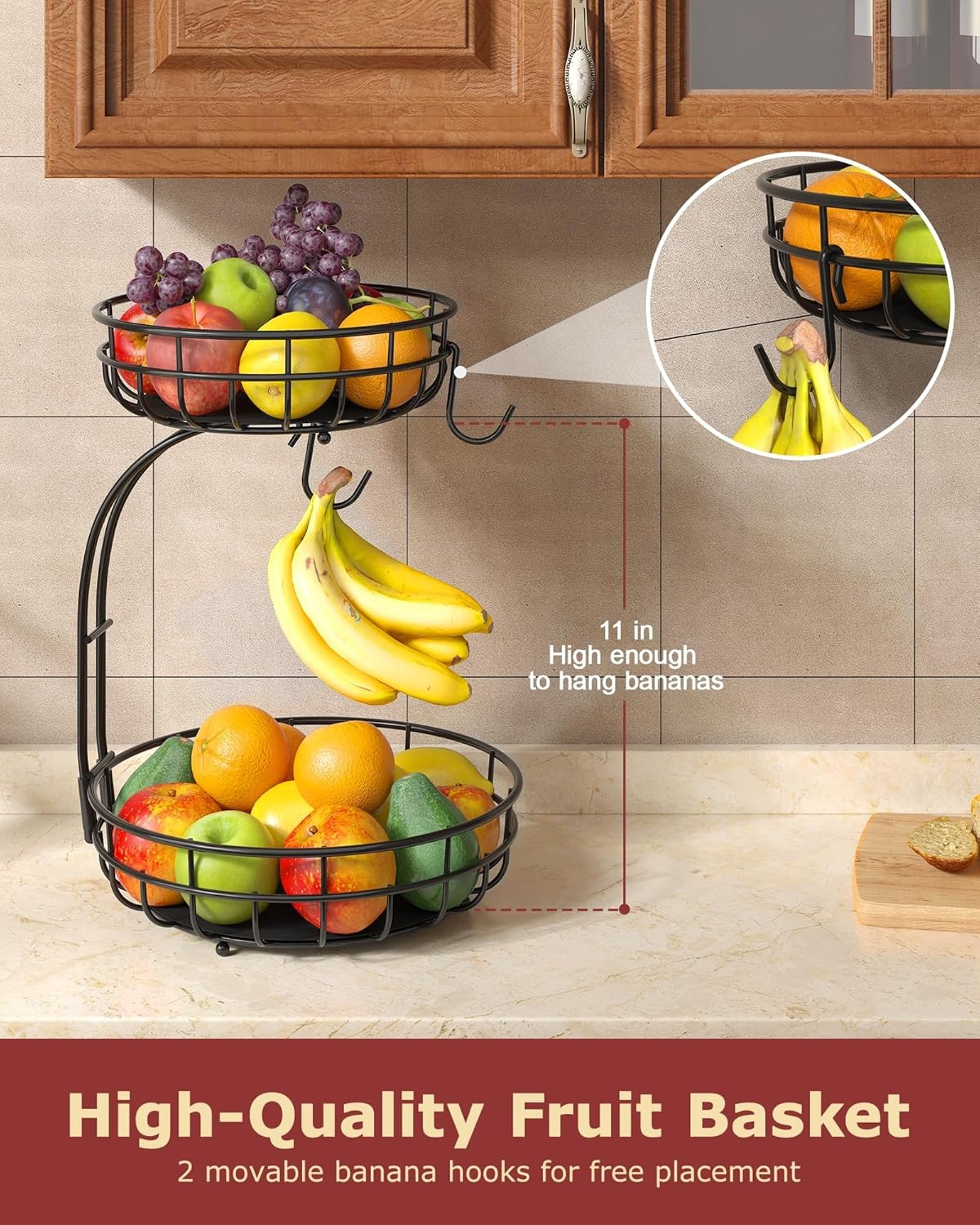 image:imageSevenblue 2 Tier Large Fruit Basket for Kitchen Counter with Removable Banana Hanger Sturdy Iron Fruit Bowl for Kitchen Counter and Vegetable Holder Fruit Holder for Home Decor BlackBlack