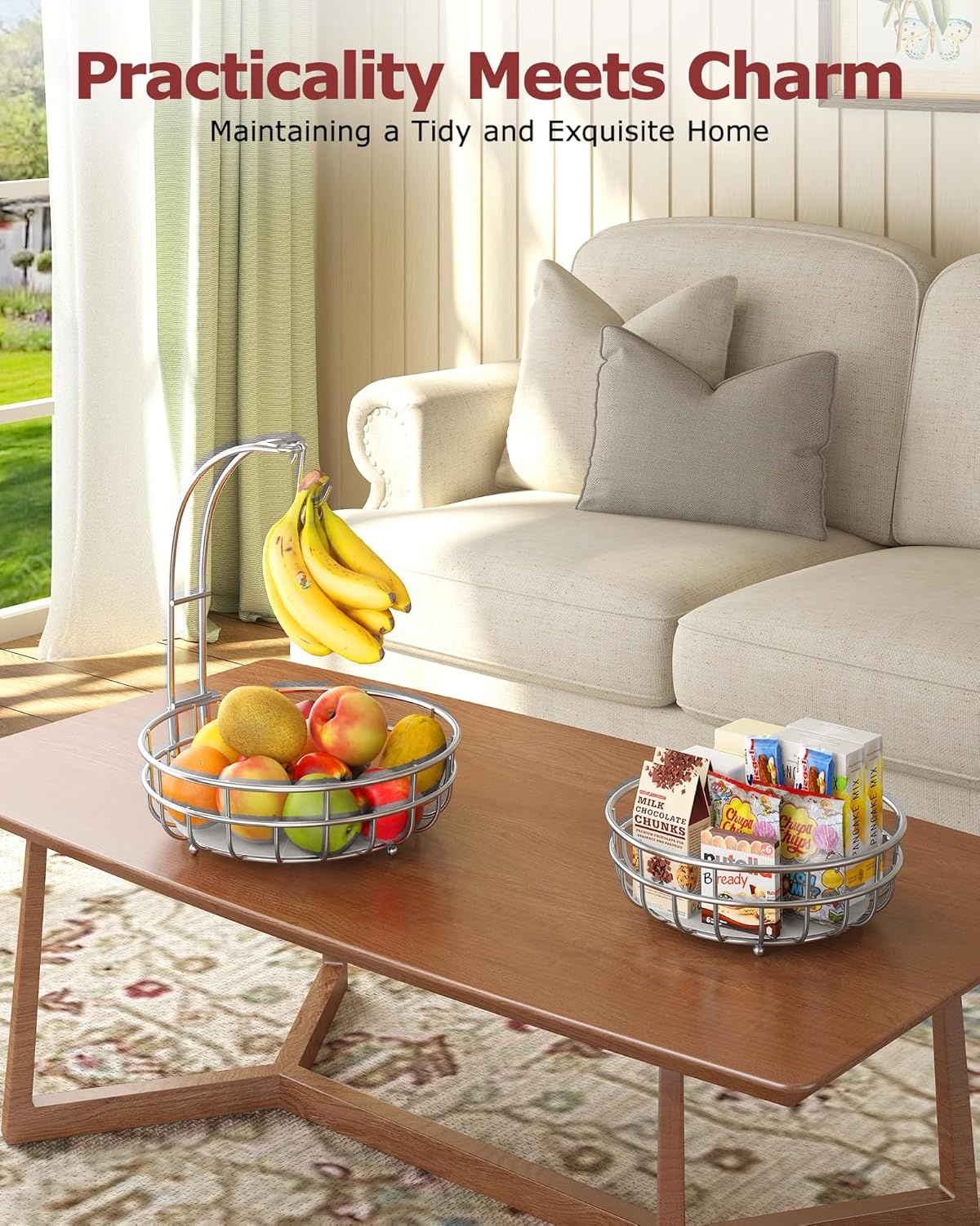 image:imageSevenblue 2 Tier Large Fruit Basket for Kitchen Counter with Removable Banana Hanger Sturdy Iron Fruit Bowl for Kitchen Counter and Vegetable Holder Fruit Holder for Home Decor BlackSilvery