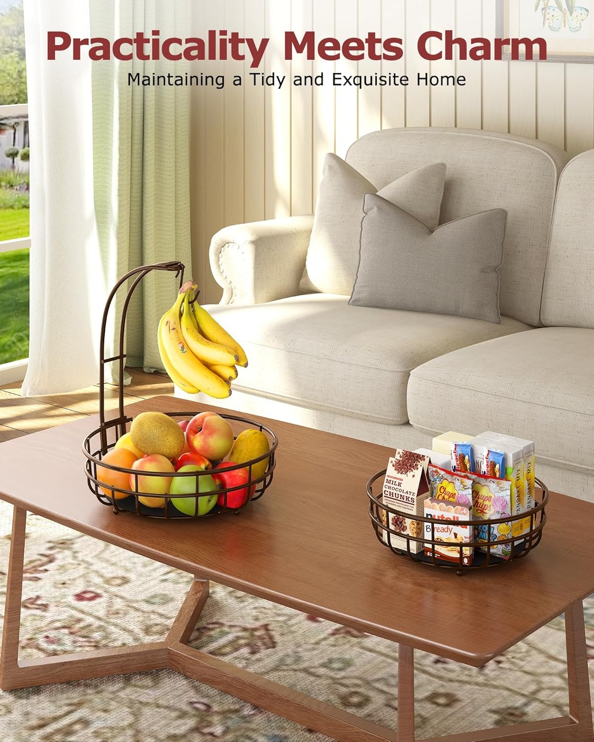 image:imageSevenblue 2 Tier Large Fruit Basket for Kitchen Counter with Removable Banana Hanger Sturdy Iron Fruit Bowl for Kitchen Counter and Vegetable Holder Fruit Holder for Home Decor BlackBrown