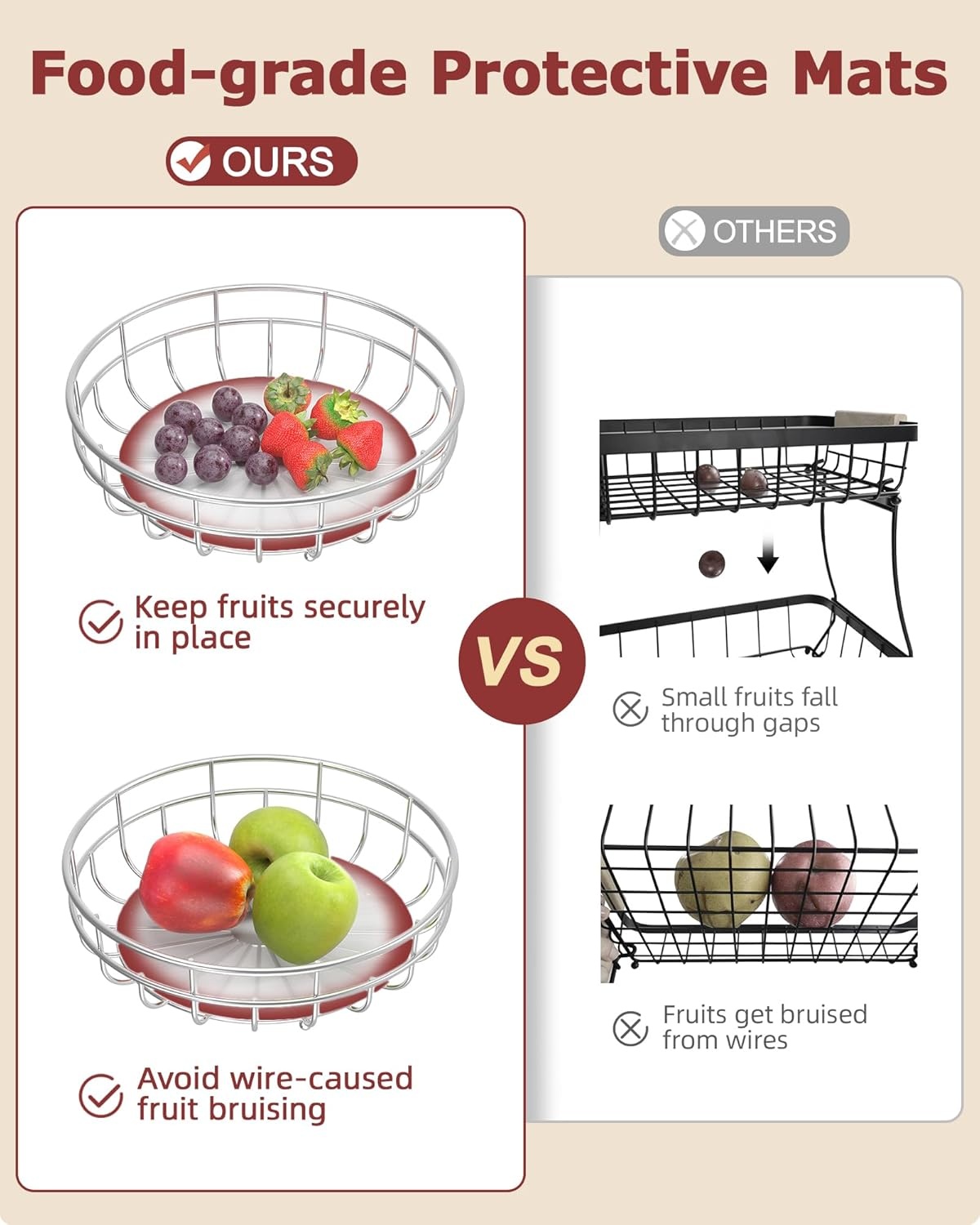 image:imageSevenblue 2 Tier Large Fruit Basket for Kitchen Counter with Removable Banana Hanger Sturdy Iron Fruit Bowl for Kitchen Counter and Vegetable Holder Fruit Holder for Home Decor BlackSilvery