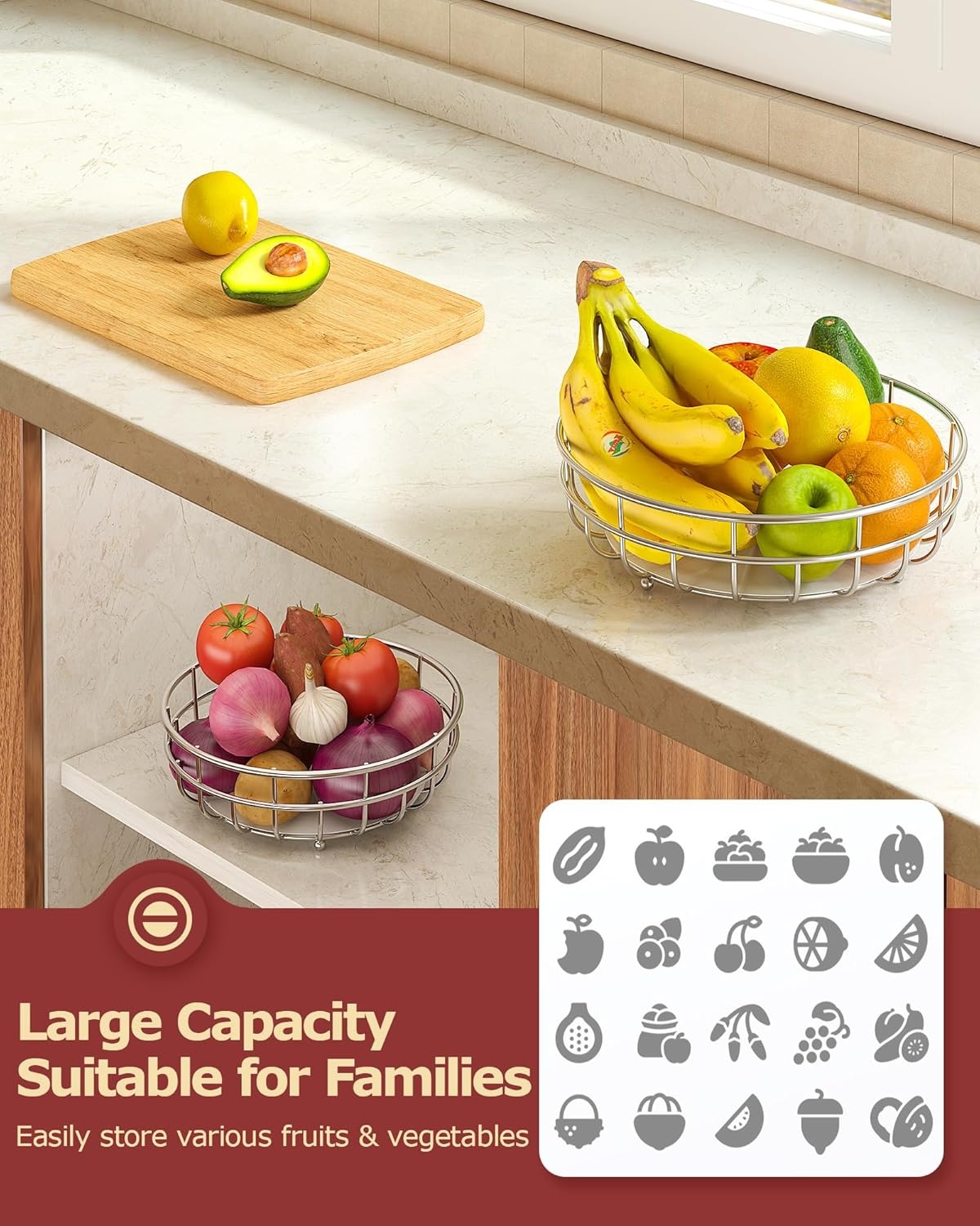 image:imageSevenblue 2 Tier Large Fruit Basket for Kitchen Counter with Removable Banana Hanger Sturdy Iron Fruit Bowl for Kitchen Counter and Vegetable Holder Fruit Holder for Home Decor BlackSilvery