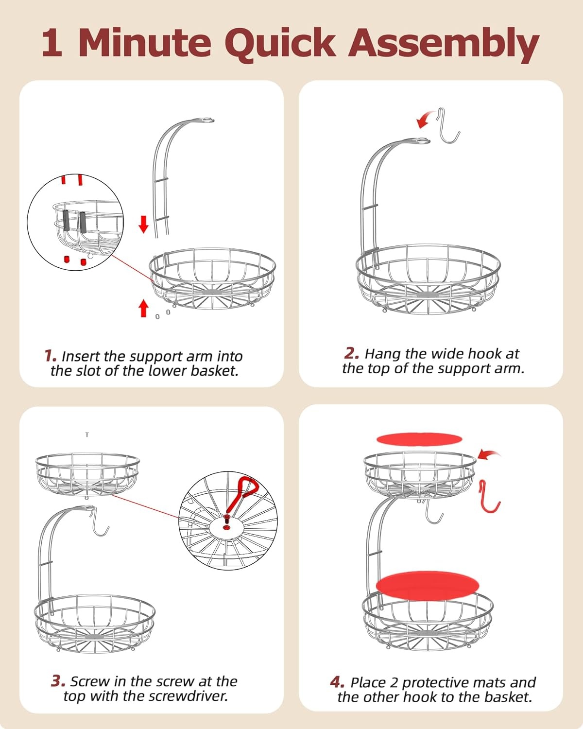 image:imageSevenblue 2 Tier Large Fruit Basket for Kitchen Counter with Removable Banana Hanger Sturdy Iron Fruit Bowl for Kitchen Counter and Vegetable Holder Fruit Holder for Home Decor BlackSilvery