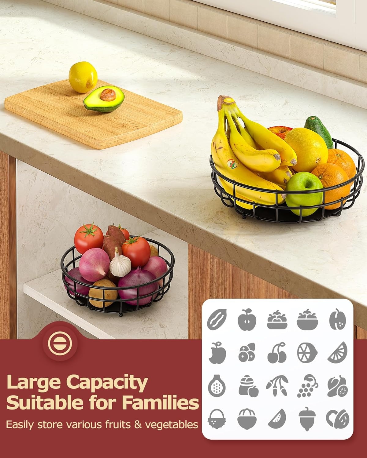 image:imageSevenblue 2 Tier Large Fruit Basket for Kitchen Counter with Removable Banana Hanger Sturdy Iron Fruit Bowl for Kitchen Counter and Vegetable Holder Fruit Holder for Home Decor BlackBlack