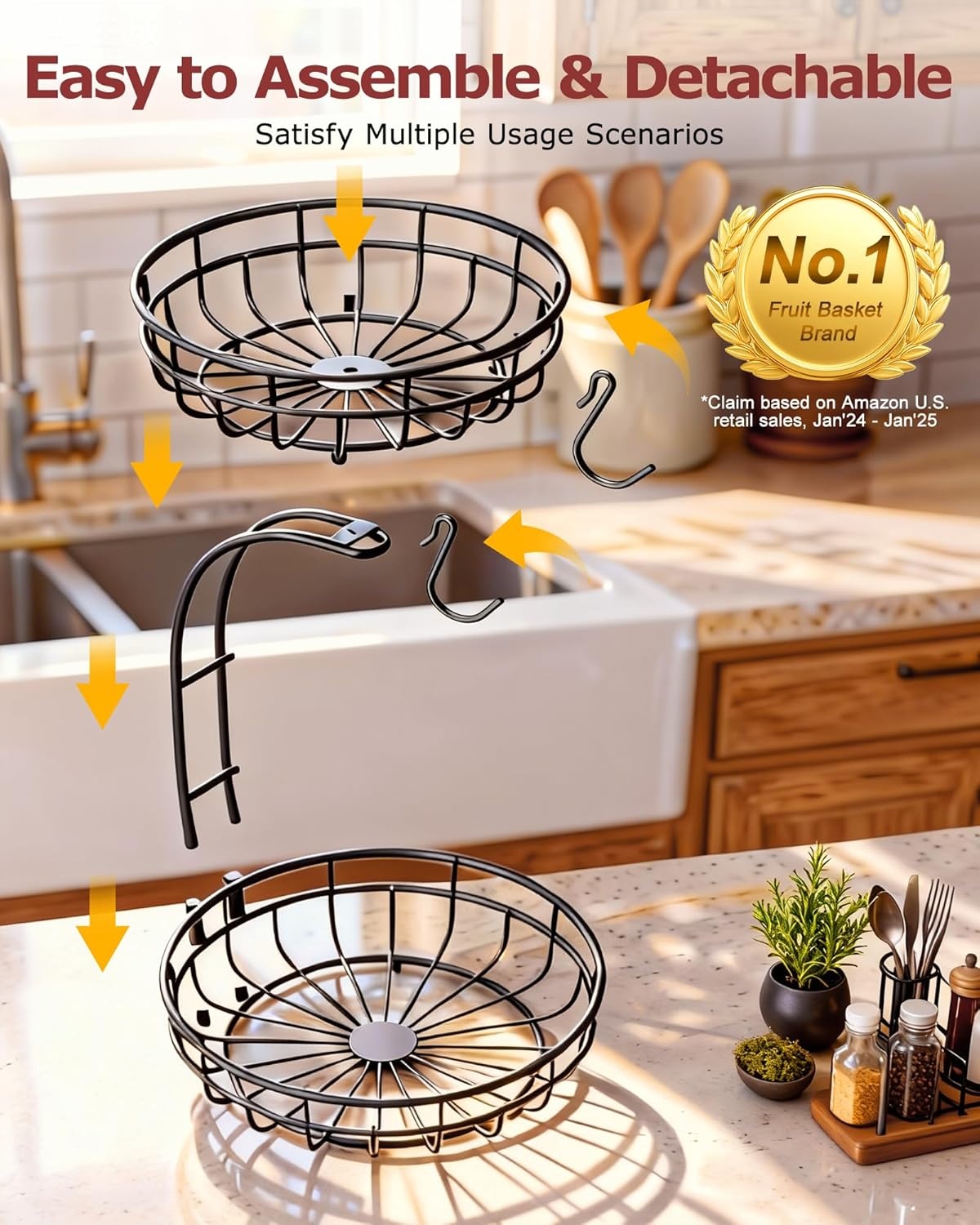 image:imageSevenblue 2 Tier Large Fruit Basket for Kitchen Counter with Removable Banana Hanger Sturdy Iron Fruit Bowl for Kitchen Counter and Vegetable Holder Fruit Holder for Home Decor BlackBlack