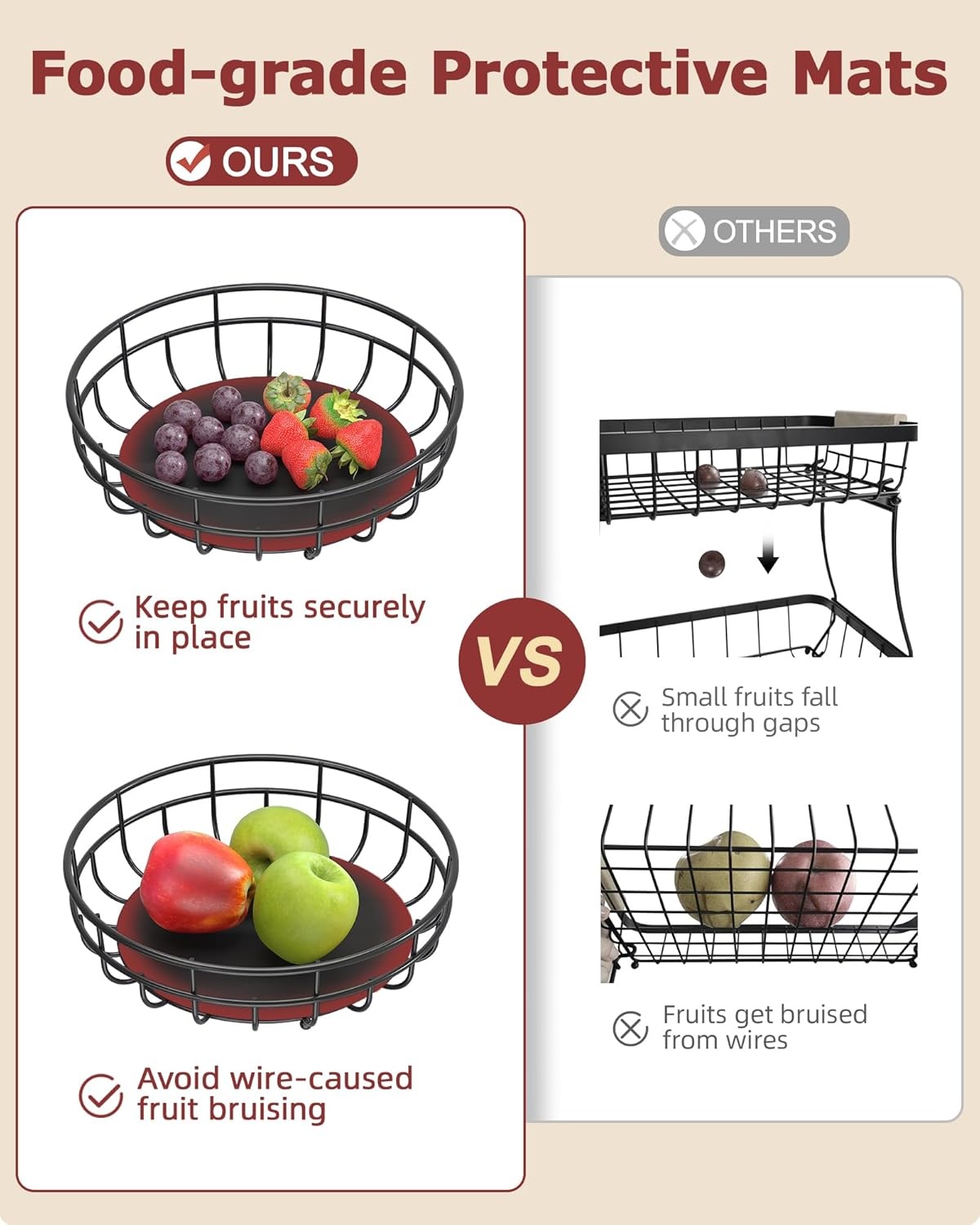 image:imageSevenblue 2 Tier Large Fruit Basket for Kitchen Counter with Removable Banana Hanger Sturdy Iron Fruit Bowl for Kitchen Counter and Vegetable Holder Fruit Holder for Home Decor BlackBlack