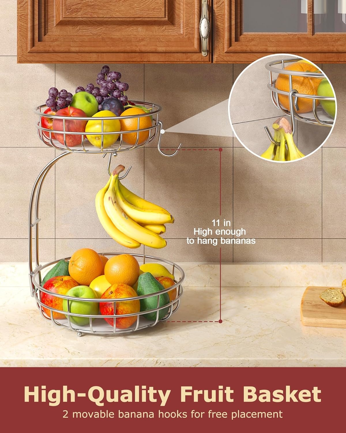 image:imageSevenblue 2 Tier Large Fruit Basket for Kitchen Counter with Removable Banana Hanger Sturdy Iron Fruit Bowl for Kitchen Counter and Vegetable Holder Fruit Holder for Home Decor BlackSilvery