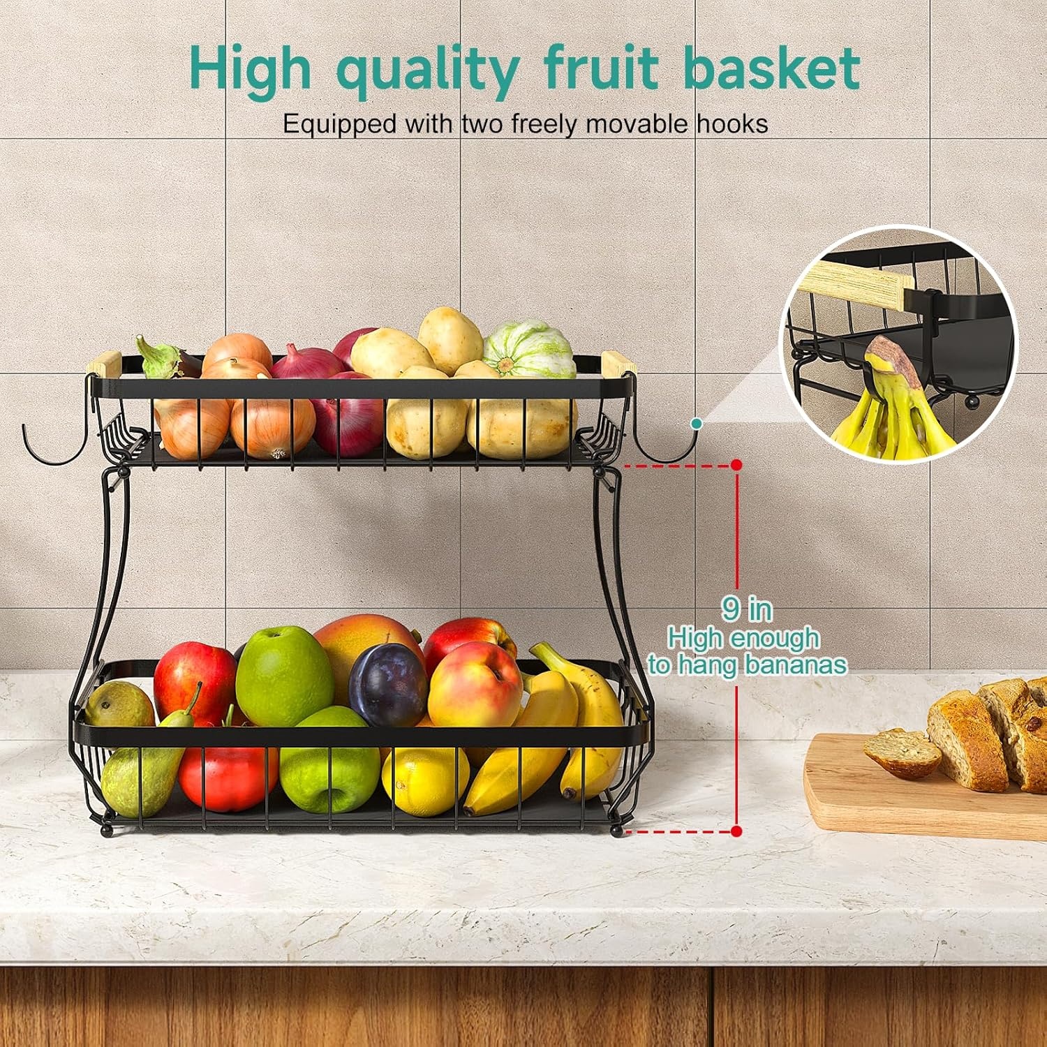 image:imageSevenblue 3 Pack Bathroom Organizers and Storage and 2 Tier Fruit Basket for Kitchen with 2 Banana Hangers