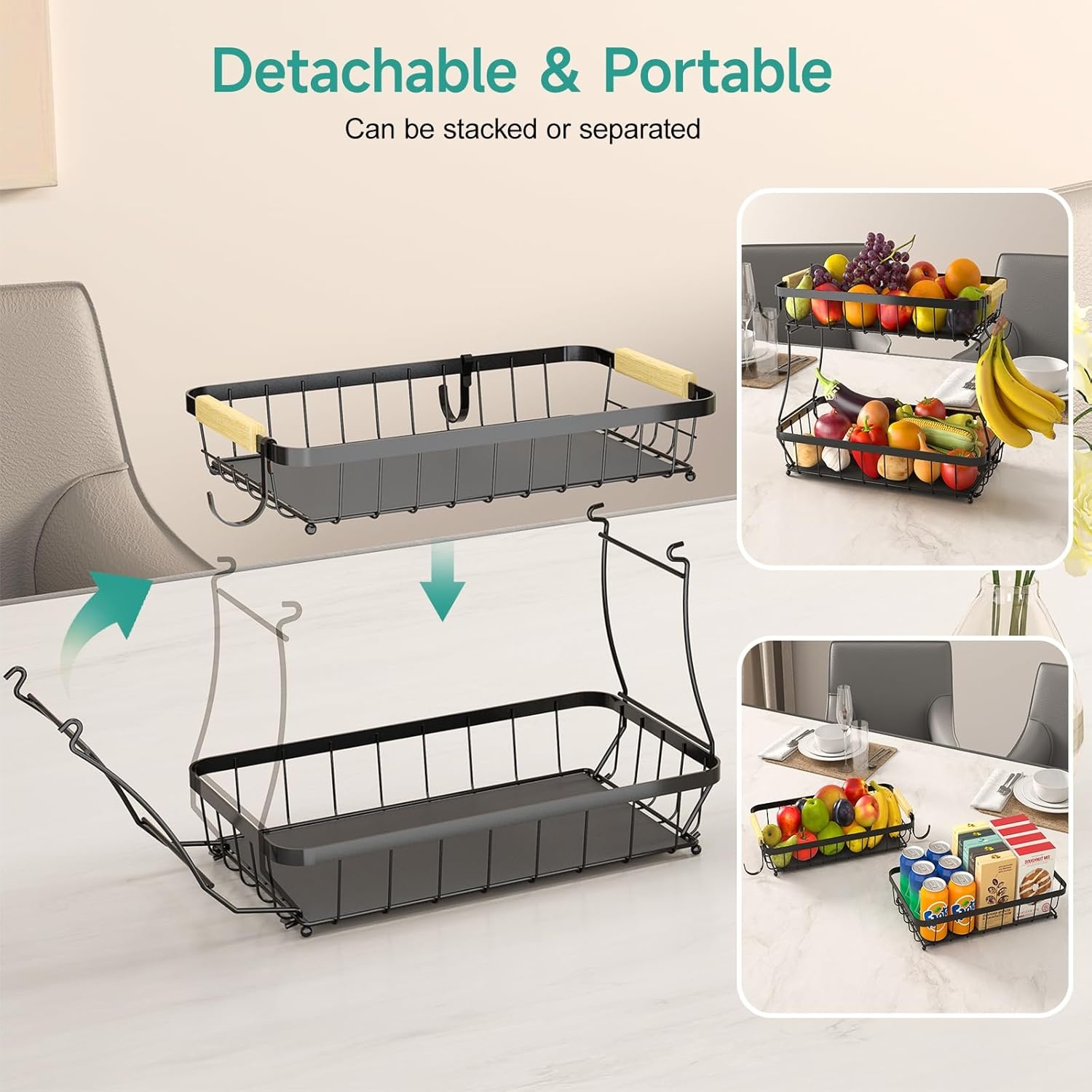 image:imageSevenblue 3 Pack Bathroom Organizers and Storage and 2 Tier Fruit Basket for Kitchen with 2 Banana Hangers