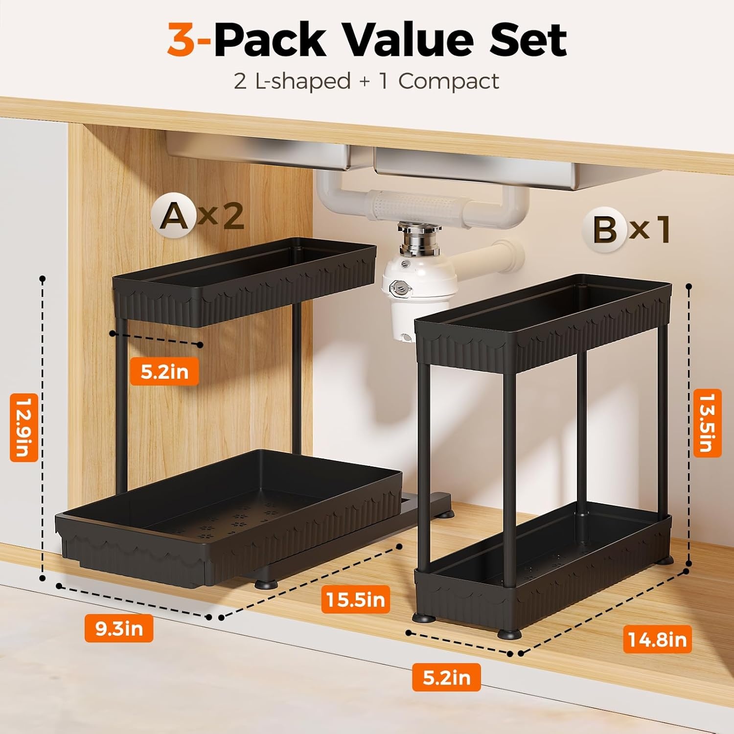 image:imageSevenblue 3 Pack MultiPurpose PullOut Storage Organizers 2Tier LShaped Under SinkCabinet Organizers and Storage for Bathroom amp Kitchen Black 1285 InchesBlack