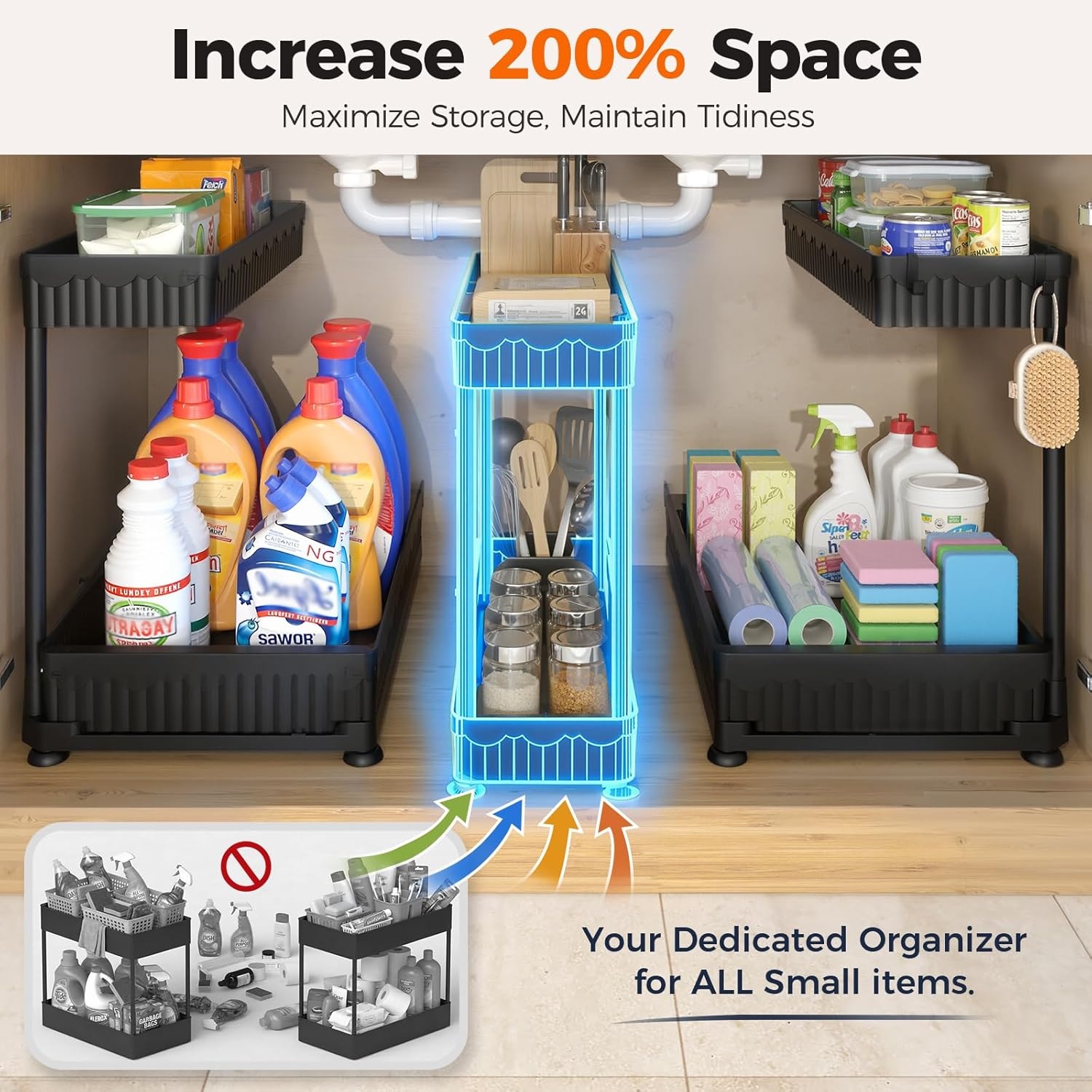 image:imageSevenblue 3 Pack MultiPurpose PullOut Storage Organizers 2Tier LShaped Under SinkCabinet Organizers and Storage for Bathroom amp Kitchen Black 1285 InchesBlack