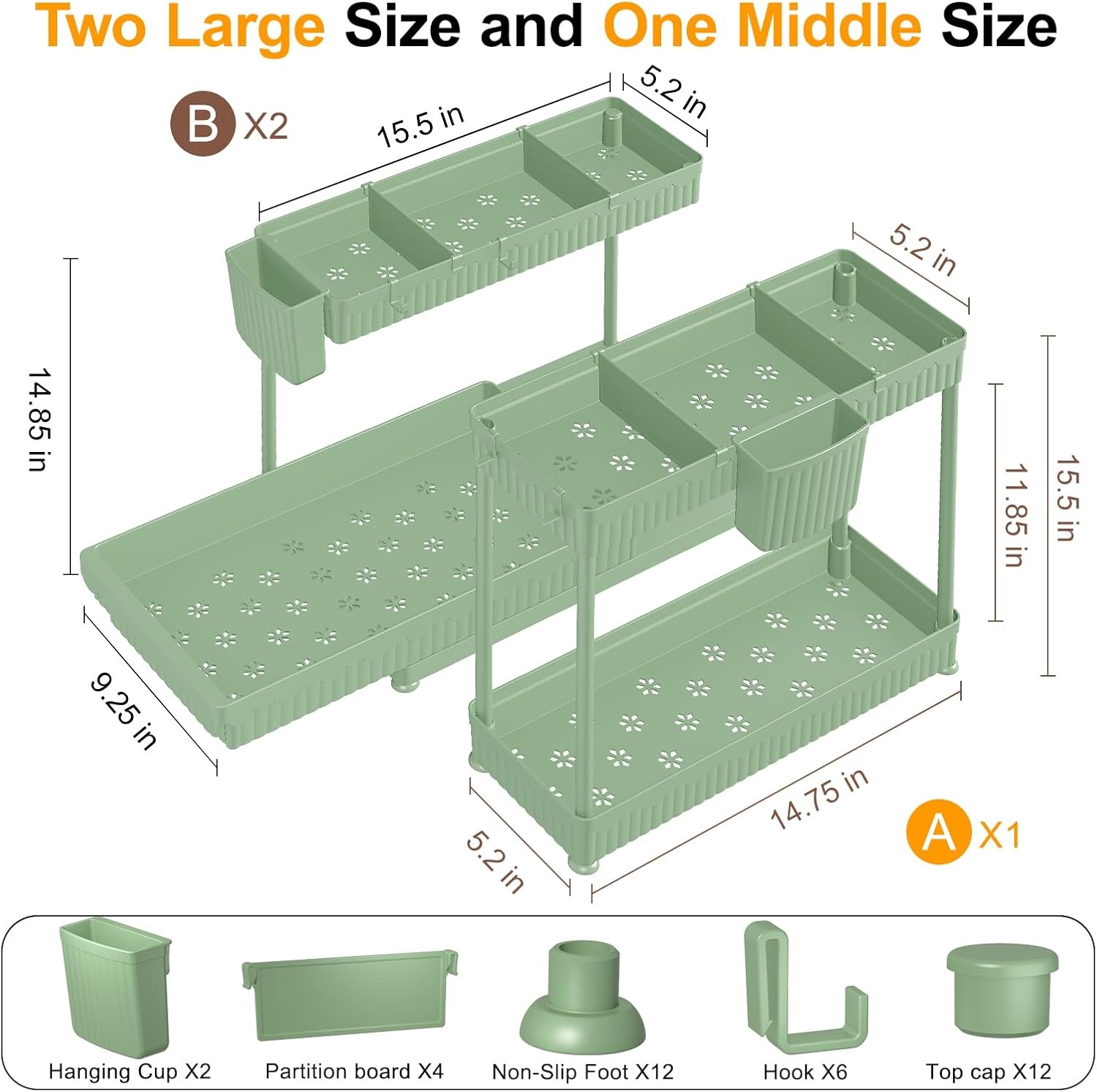 image:imageSevenblue 3 Pack MultiPurpose PullOut Storage Organizers 2Tier LShaped Under SinkCabinet Organizers and Storage for Bathroom amp Kitchen Black 1285 InchesGreen