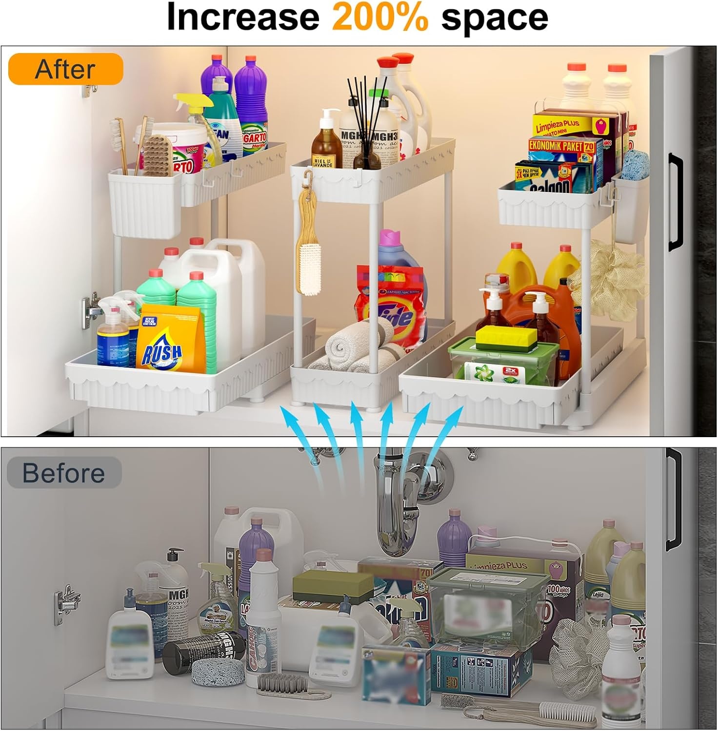 image:imageSevenblue 3 Pack MultiPurpose PullOut Storage Organizers 2Tier LShaped Under SinkCabinet Organizers and Storage for Bathroom amp Kitchen Black 1285 InchesWhite