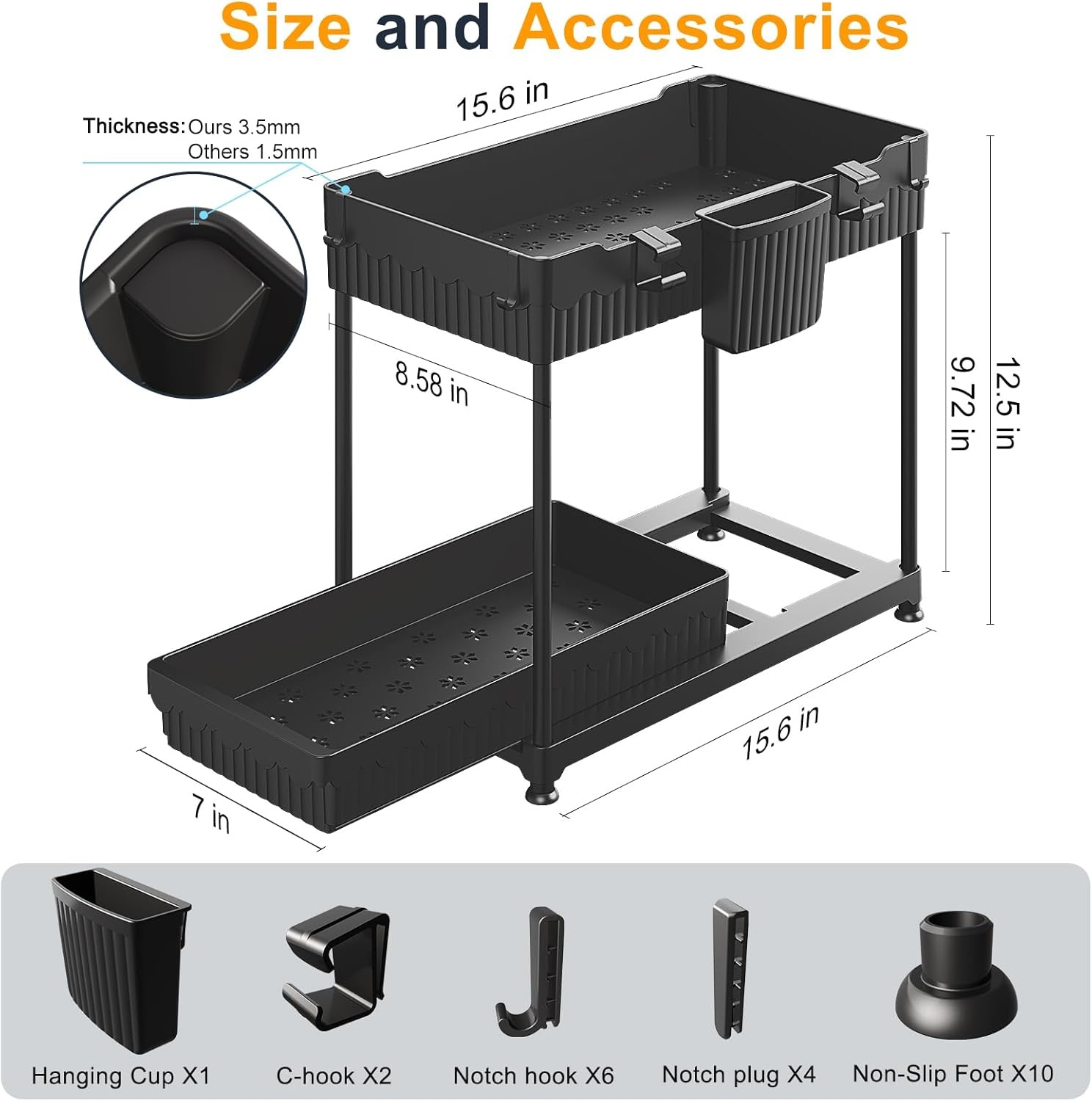 image:imageSevenblue 3 Pack MultiPurpose PullOut Storage Organizers 2Tier LShaped Under SinkCabinet Organizers and Storage for Bathroom amp Kitchen Black 1285 InchesDeepBlack