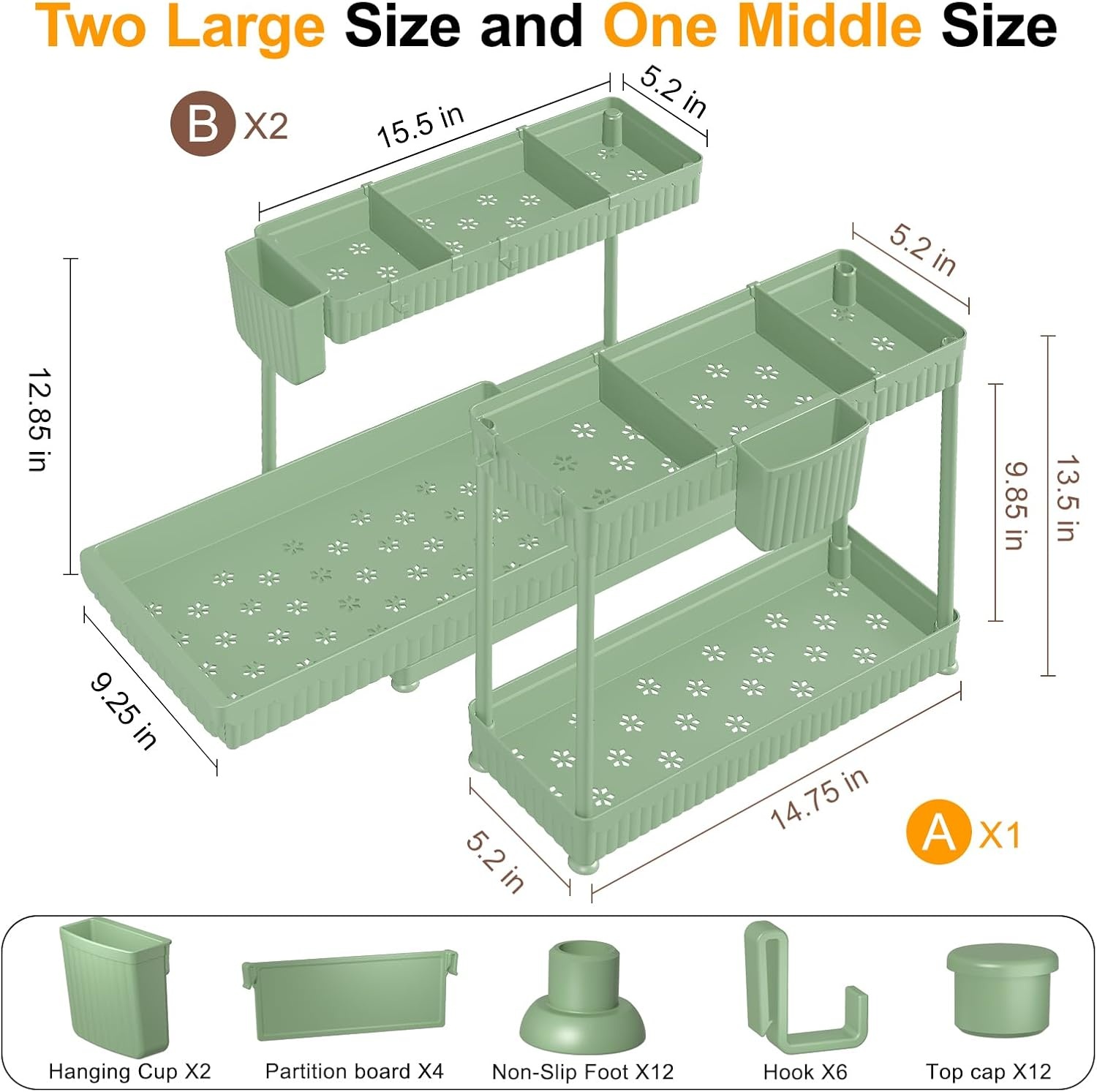 image:imageSevenblue 3 Pack MultiPurpose PullOut Storage Organizers 2Tier LShaped Under SinkCabinet Organizers and Storage for Bathroom amp Kitchen Black 1285 InchesGreen