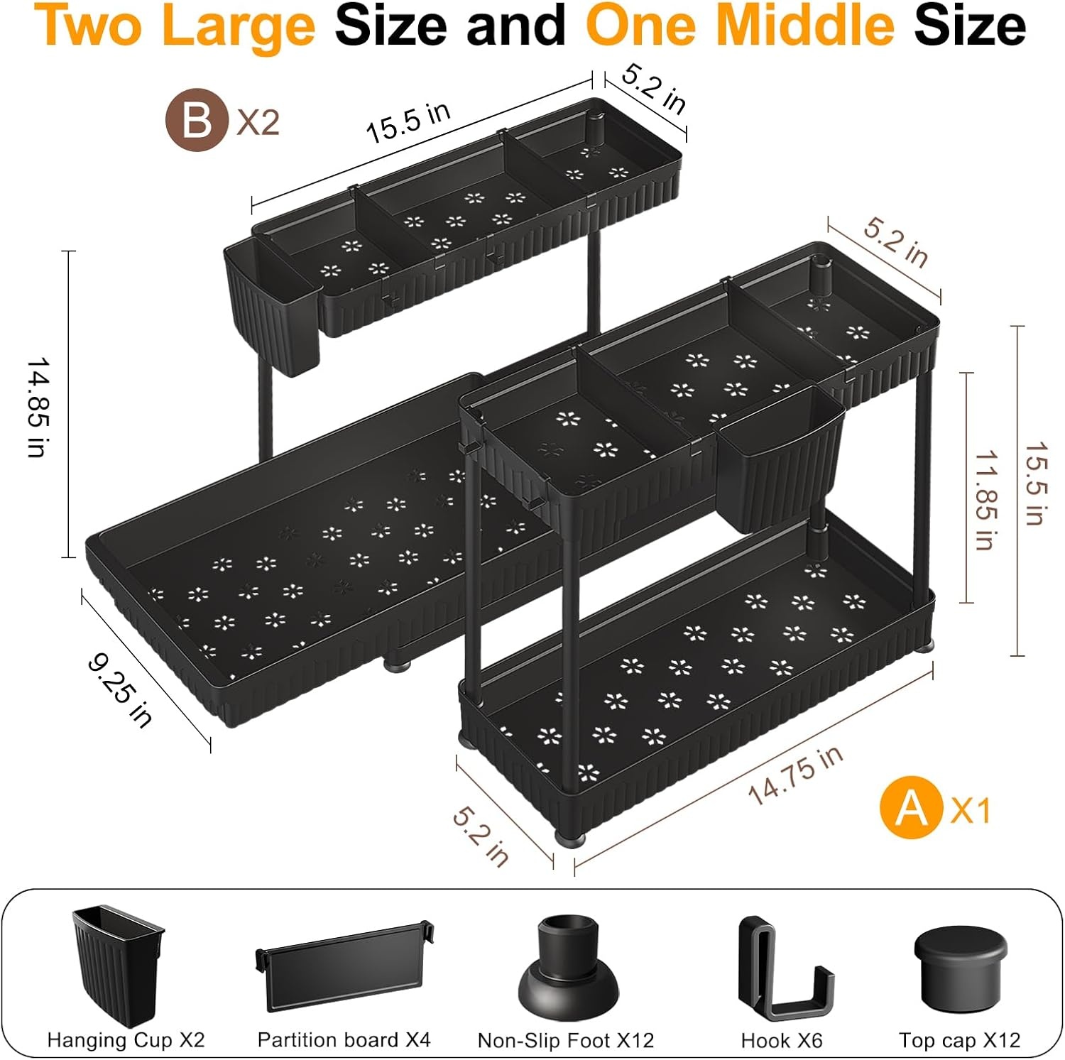 image:imageSevenblue 3 Pack MultiPurpose PullOut Storage Organizers 2Tier LShaped Under SinkCabinet Organizers and Storage for Bathroom amp Kitchen Black 1285 InchesBlack