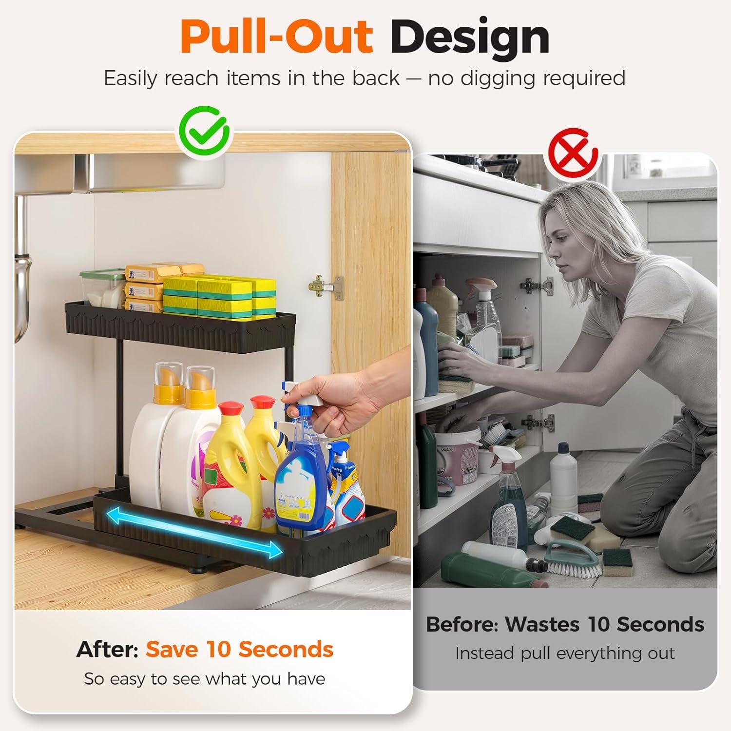 image:imageSevenblue 3 Pack MultiPurpose PullOut Storage Organizers 2Tier LShaped Under SinkCabinet Organizers and Storage for Bathroom amp Kitchen Black 1285 InchesBlack