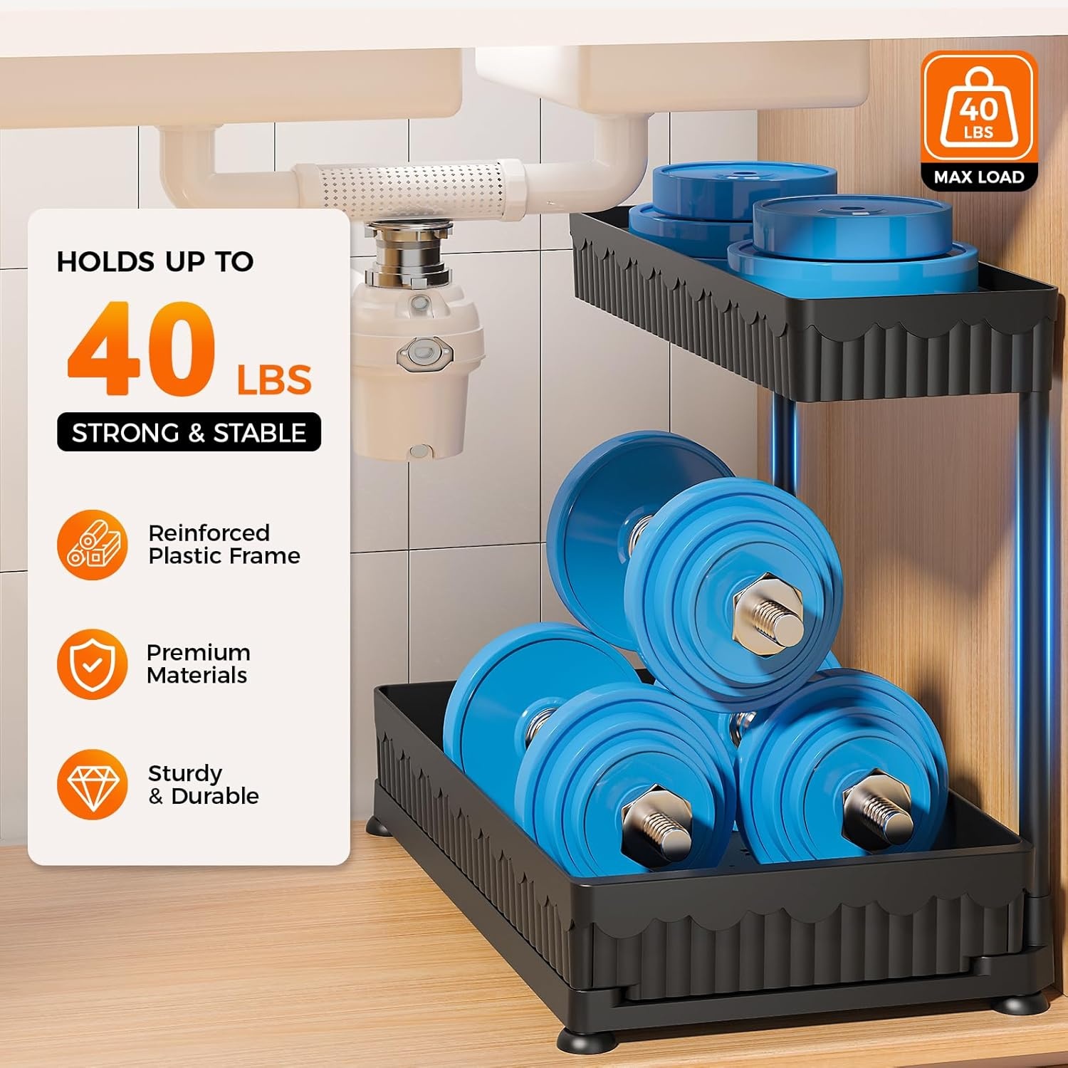 image:imageSevenblue 3 Pack MultiPurpose PullOut Storage Organizers 2Tier LShaped Under SinkCabinet Organizers and Storage for Bathroom amp Kitchen Black 1285 InchesBlack