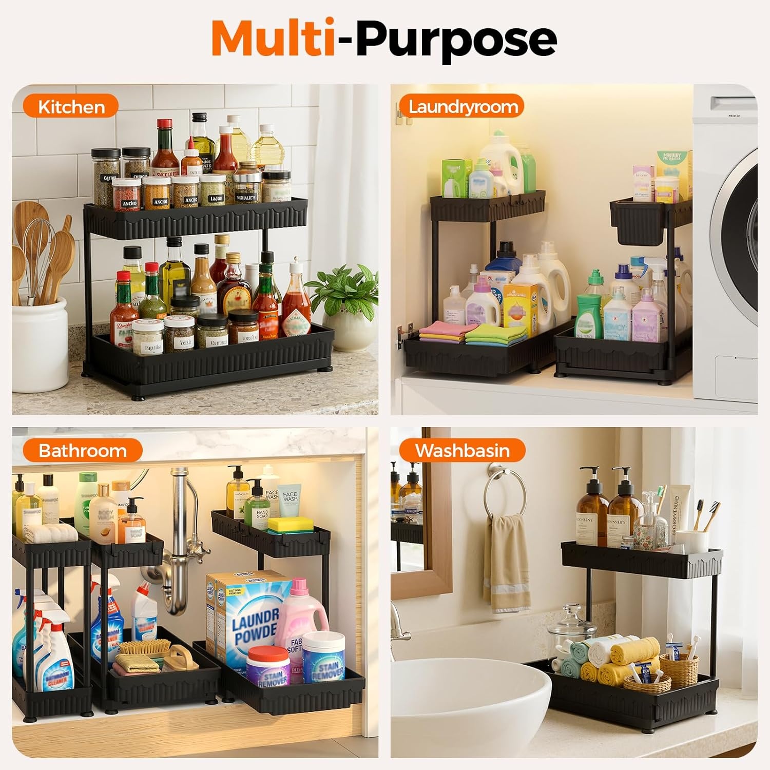 image:imageSevenblue 3 Pack MultiPurpose PullOut Storage Organizers 2Tier LShaped Under SinkCabinet Organizers and Storage for Bathroom amp Kitchen Black 1285 InchesBlack