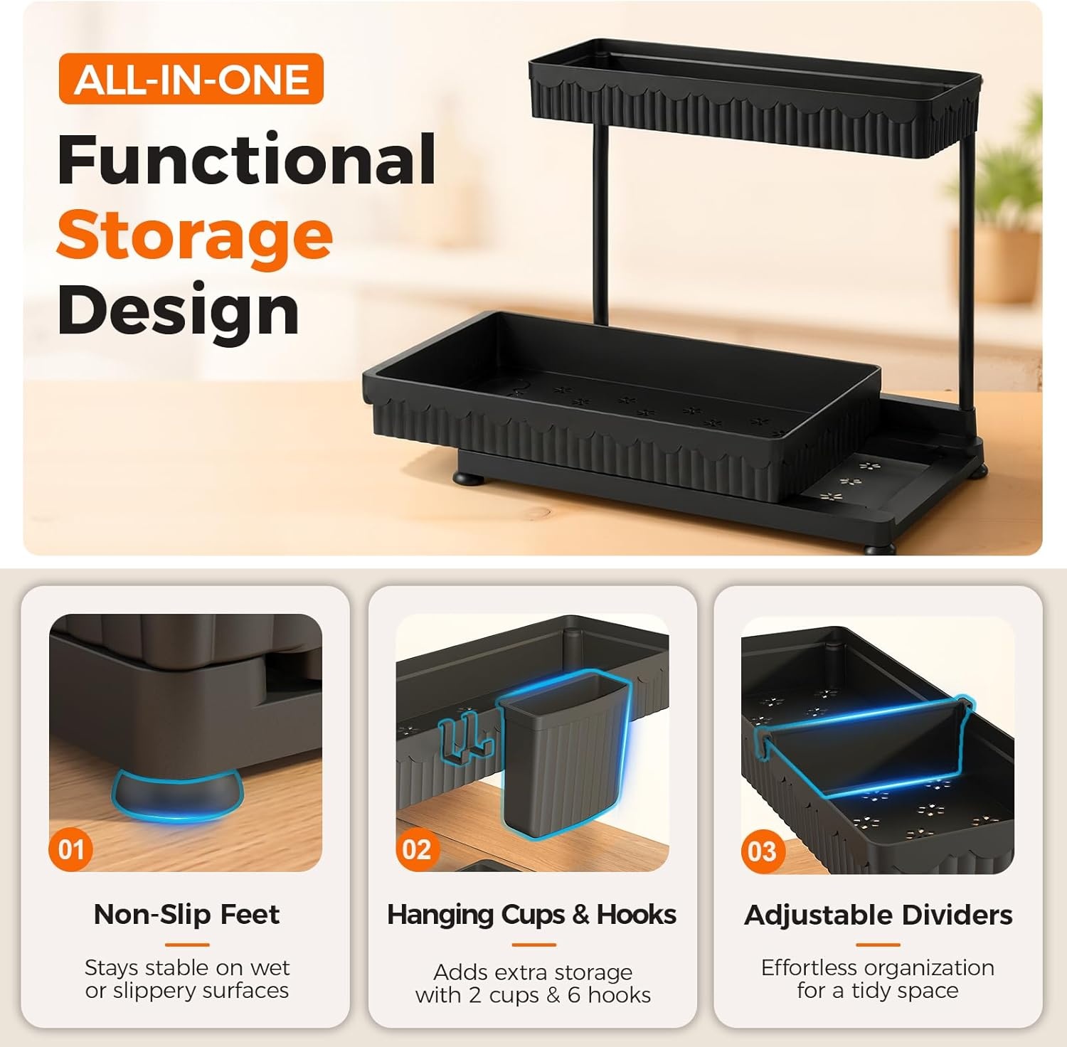 image:imageSevenblue 3 Pack MultiPurpose PullOut Storage Organizers 2Tier LShaped Under SinkCabinet Organizers and Storage for Bathroom amp Kitchen Black 1285 InchesBlack