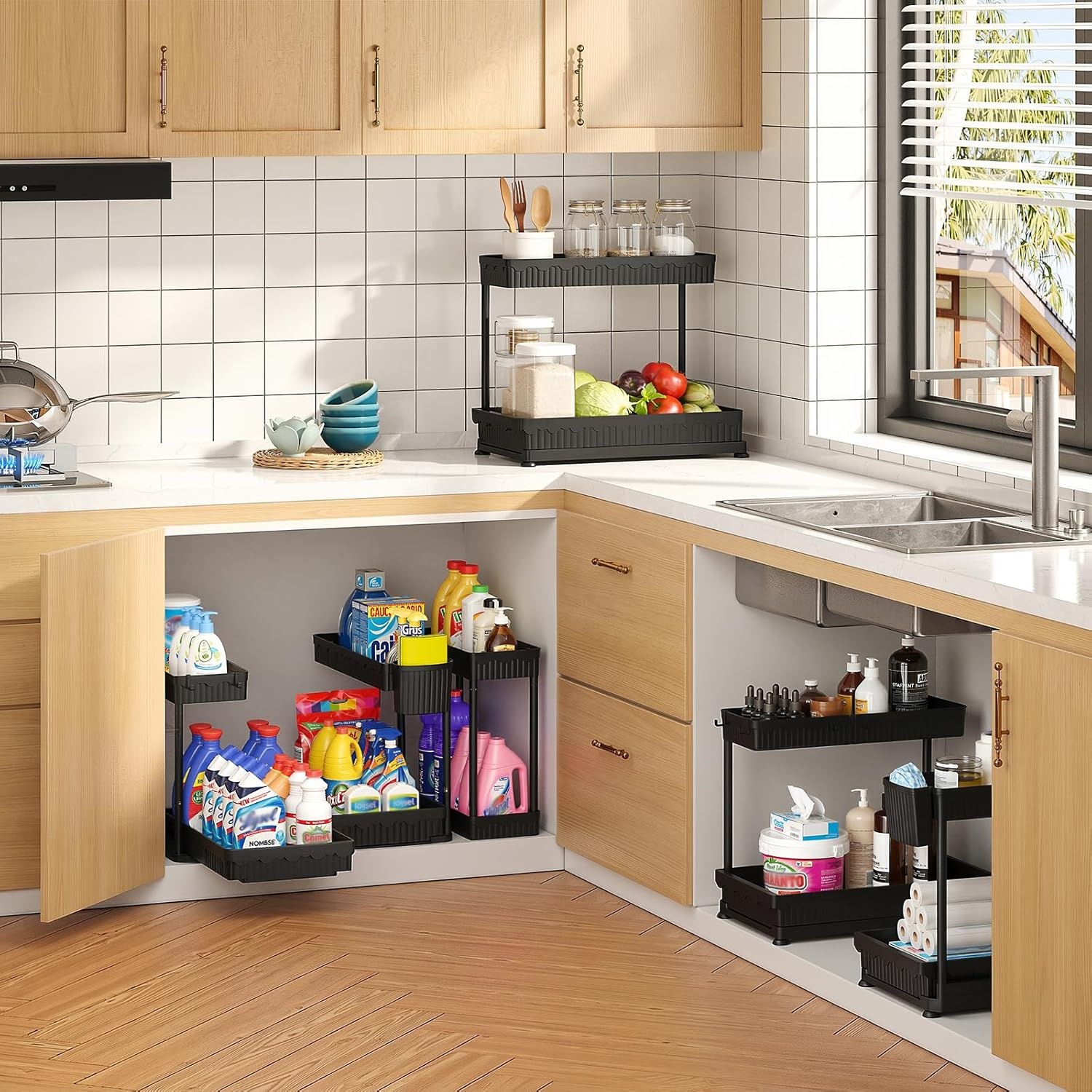 image:imageSevenblue 3 Pack MultiPurpose PullOut Storage Organizers 2Tier LShaped Under SinkCabinet Organizers and Storage for Bathroom amp Kitchen Black 1285 InchesBlack