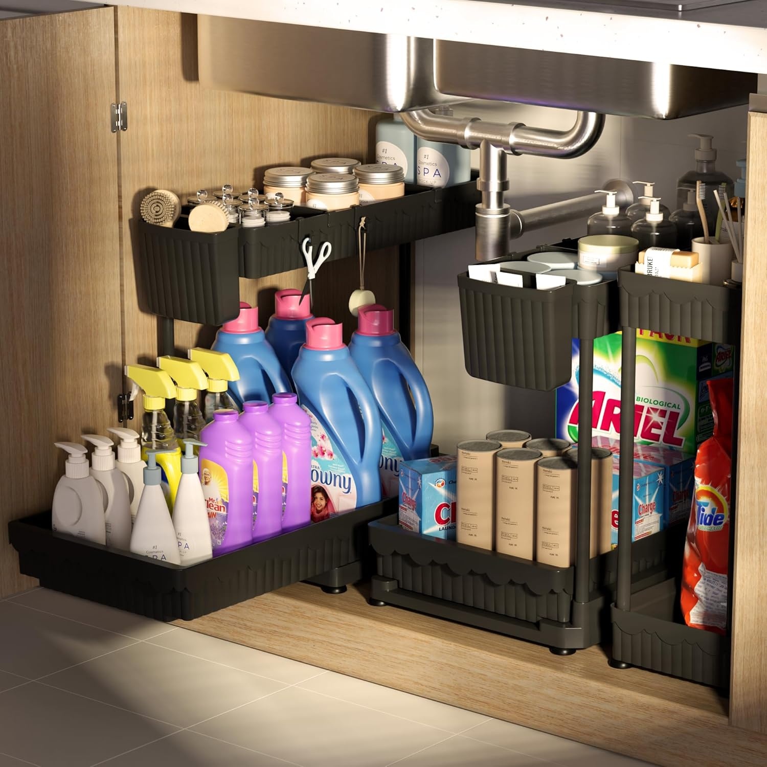 image:imageSevenblue 3 Pack MultiPurpose PullOut Storage Organizers 2Tier LShaped Under SinkCabinet Organizers and Storage for Bathroom amp Kitchen Black 1285 InchesBlack