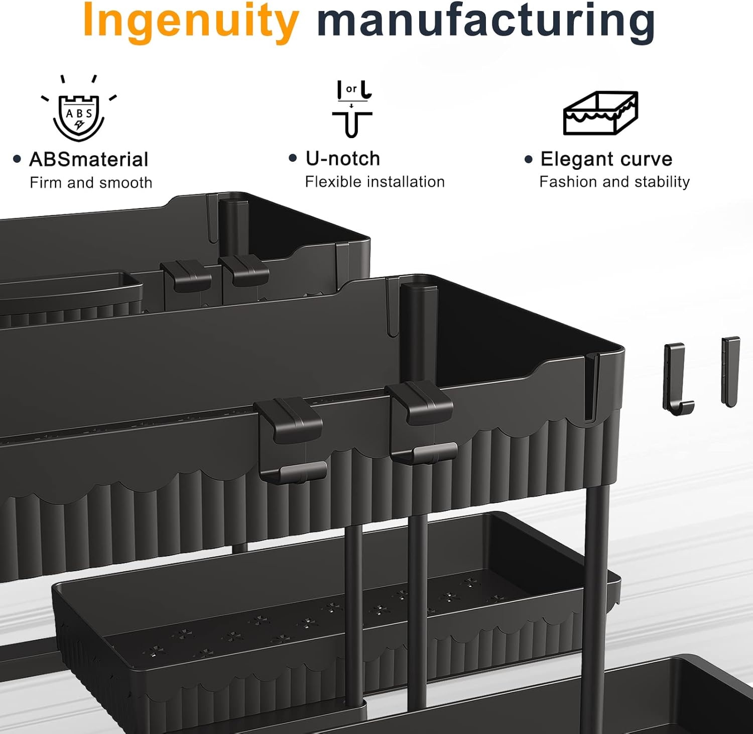 image:imageSevenblue 3 Pack MultiPurpose PullOut Storage Organizers 2Tier LShaped Under SinkCabinet Organizers and Storage for Bathroom amp Kitchen Black 1285 InchesDeepBlack