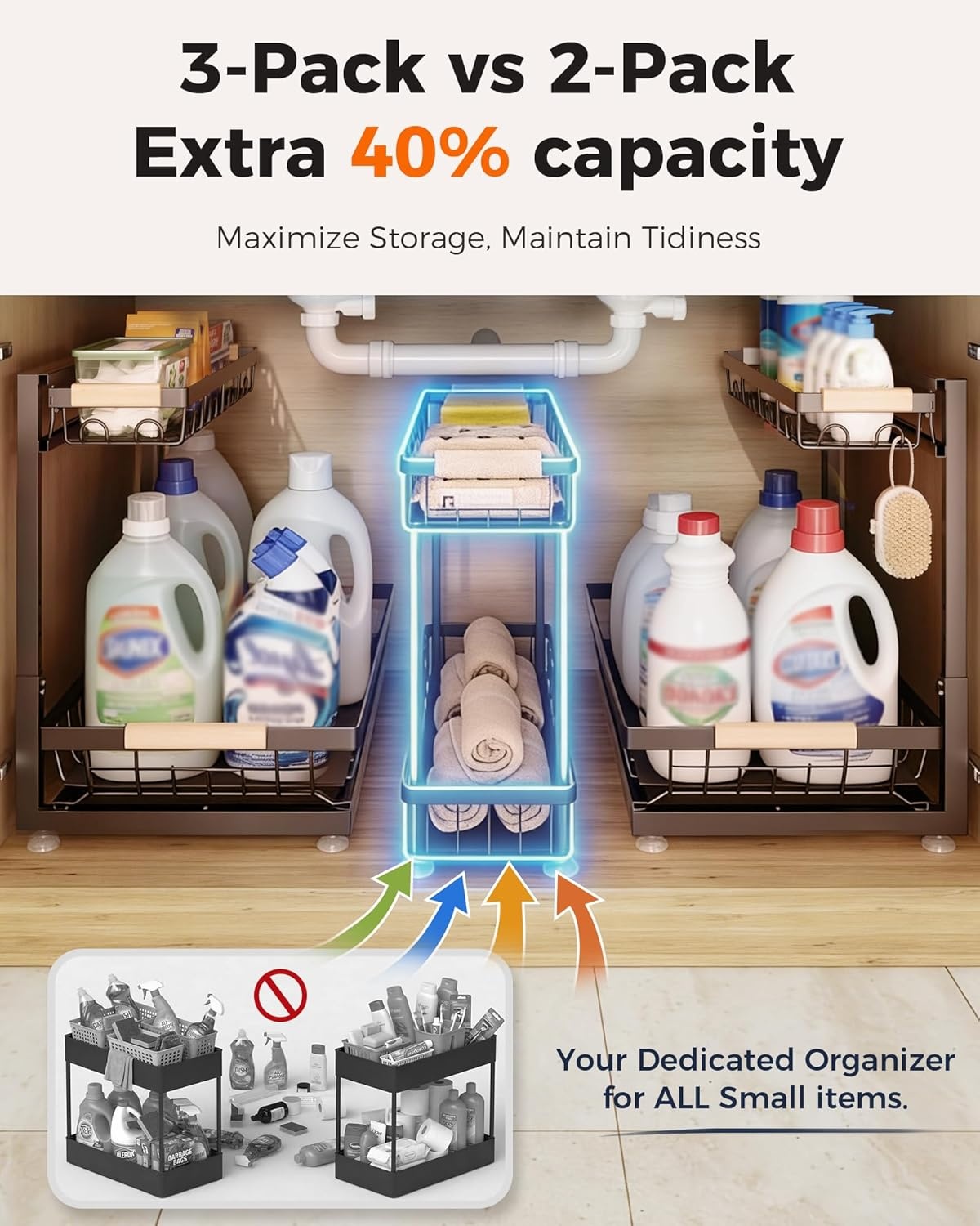 image:imageSevenblue 3 Pack Under Sink Organizer Height Adjustable 2 Tier PullOut Metal Under Kitchen Sink Organizer MultiPurpose Storage Shelves for Kitchen Bathroom Cabinet BlackBrown