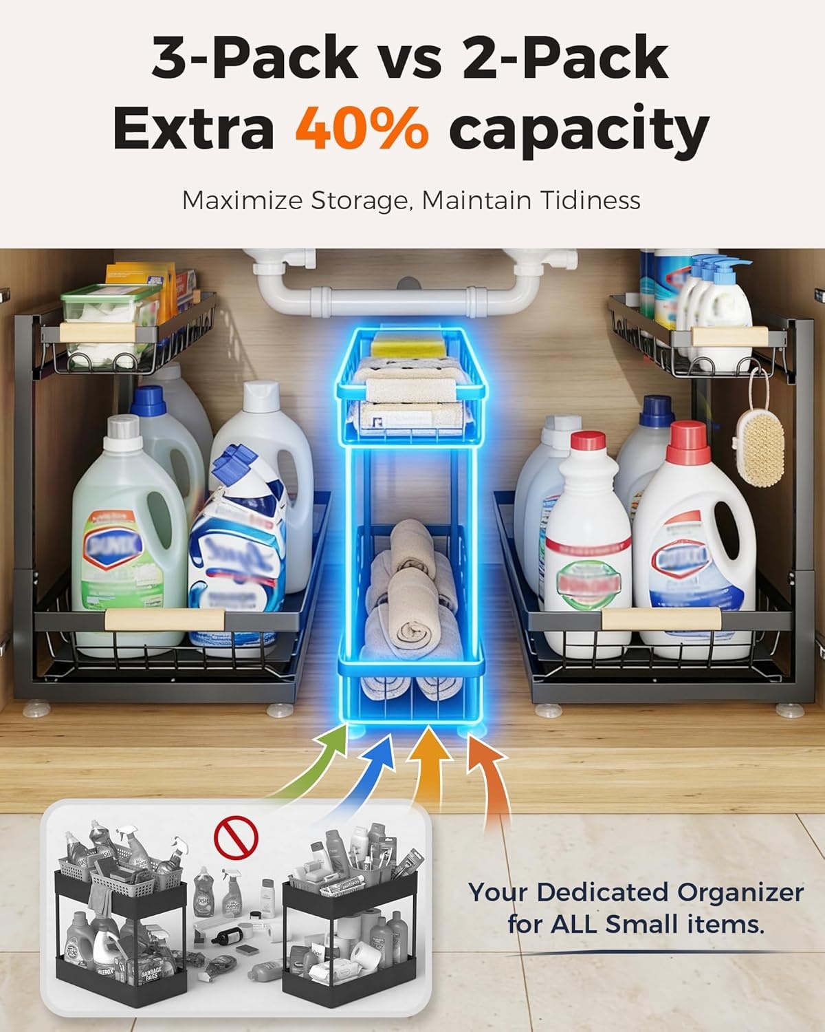 image:imageSevenblue 3 Pack Under Sink Organizer Height Adjustable 2 Tier PullOut Metal Under Kitchen Sink Organizer MultiPurpose Storage Shelves for Kitchen Bathroom Cabinet BlackBlack