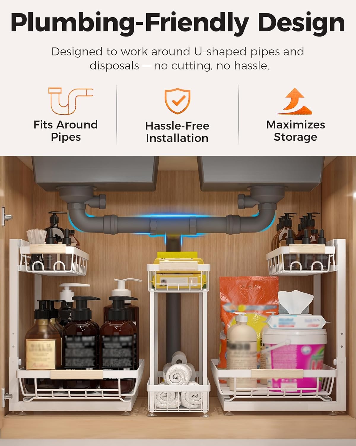 image:imageSevenblue 3 Pack Under Sink Organizer Height Adjustable 2 Tier PullOut Metal Under Kitchen Sink Organizer MultiPurpose Storage Shelves for Kitchen Bathroom Cabinet BlackWhite