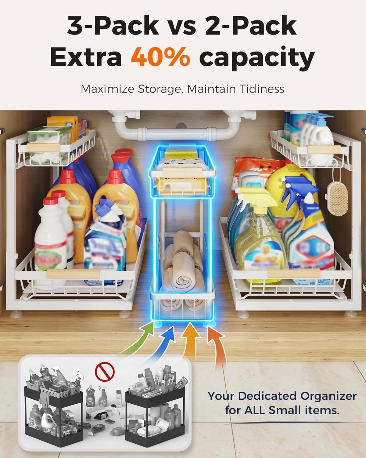 image:imageSevenblue 3 Pack Under Sink Organizer Height Adjustable 2 Tier PullOut Metal Under Kitchen Sink Organizer MultiPurpose Storage Shelves for Kitchen Bathroom Cabinet BlackWhite