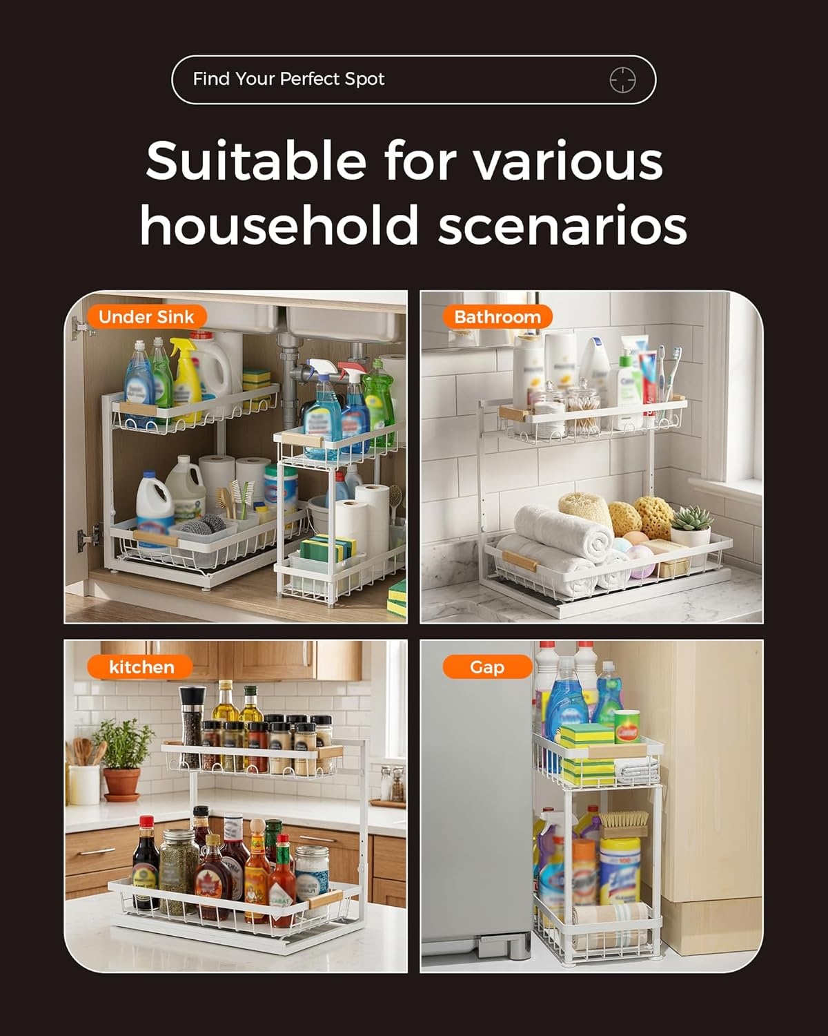 image:imageSevenblue 3 Pack Under Sink Organizer Height Adjustable 2 Tier PullOut Metal Under Kitchen Sink Organizer MultiPurpose Storage Shelves for Kitchen Bathroom Cabinet BlackWhite