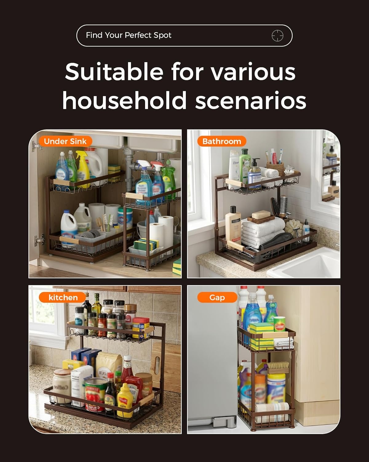 image:imageSevenblue 3 Pack Under Sink Organizer Height Adjustable 2 Tier PullOut Metal Under Kitchen Sink Organizer MultiPurpose Storage Shelves for Kitchen Bathroom Cabinet BlackBrown