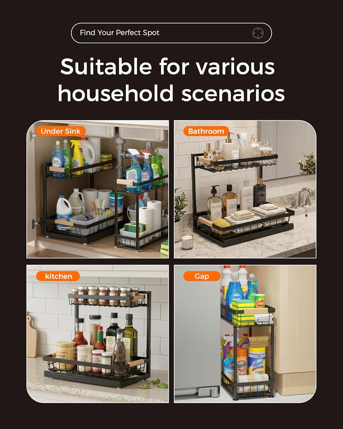 image:imageSevenblue 3 Pack Under Sink Organizer Height Adjustable 2 Tier PullOut Metal Under Kitchen Sink Organizer MultiPurpose Storage Shelves for Kitchen Bathroom Cabinet BlackBlack