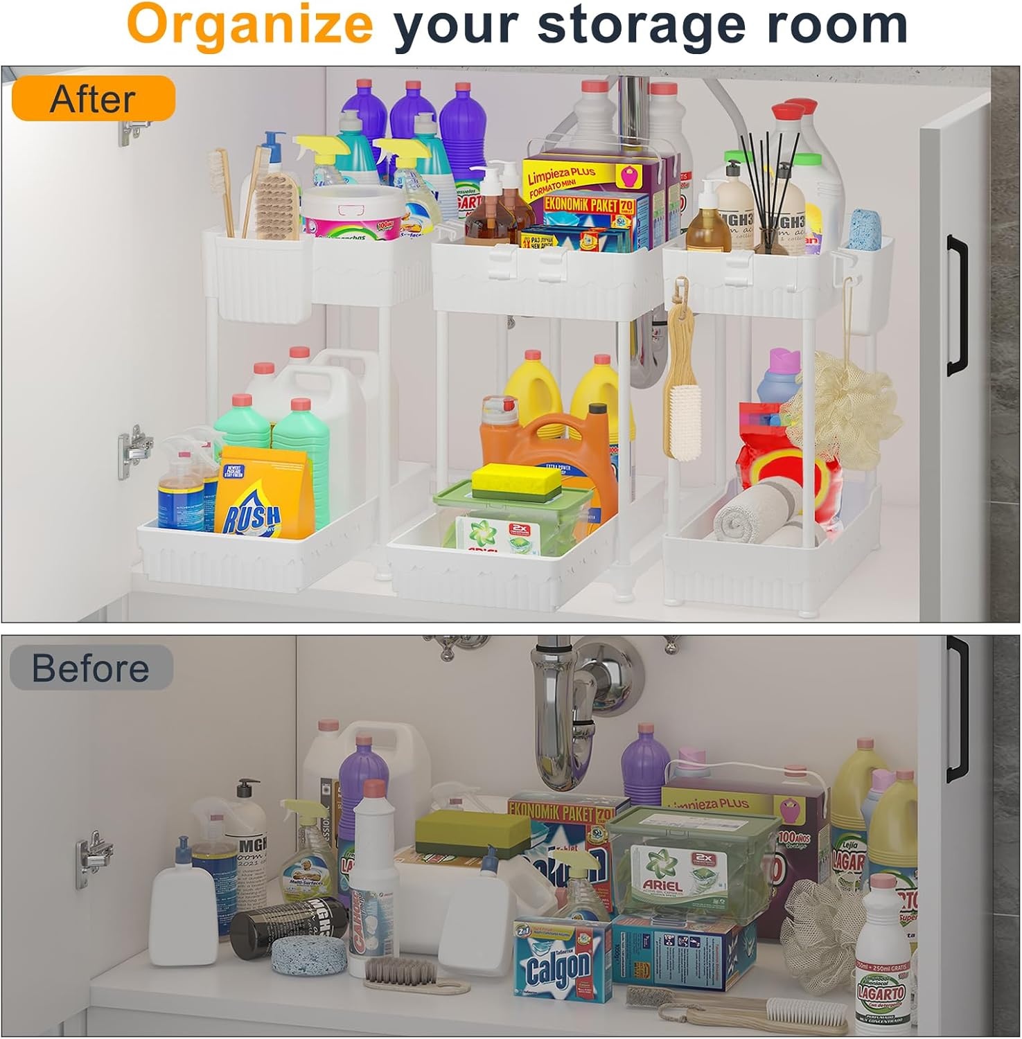 image:imageSevenblue 3 Pack Under Sink Organizers2Tier MultiUse Kitchen and Bathroom Organizers and Storage with Sliding DrawersBathroom Cabinet Organizer Black 128 InchWhite
