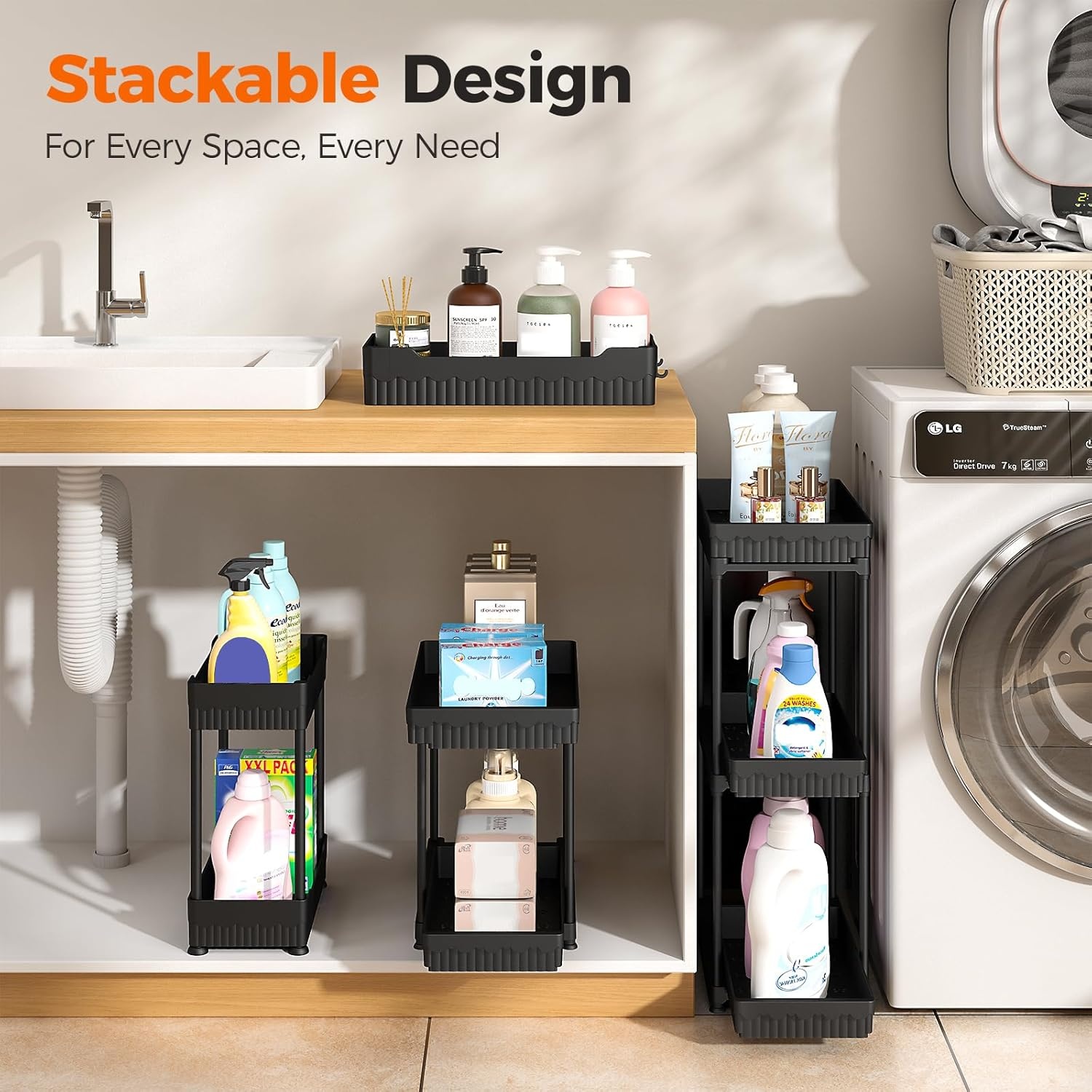 image:imageSevenblue 3 Pack Under Sink Organizers2Tier MultiUse Kitchen and Bathroom Organizers and Storage with Sliding DrawersBathroom Cabinet Organizer Black 128 InchBlack 2Tier Sliding