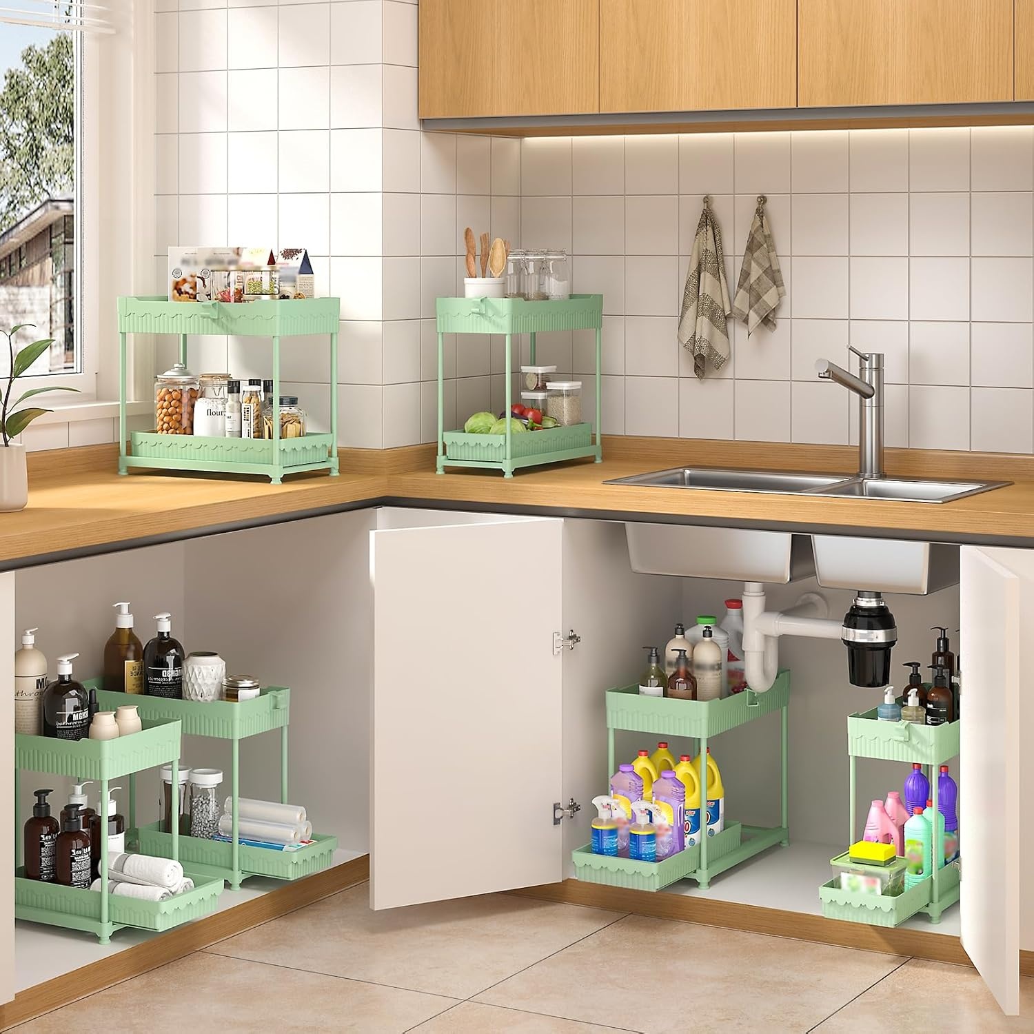 image:imageSevenblue 3 Pack Under Sink Organizers2Tier MultiUse Kitchen and Bathroom Organizers and Storage with Sliding DrawersBathroom Cabinet Organizer Black 128 InchGreen