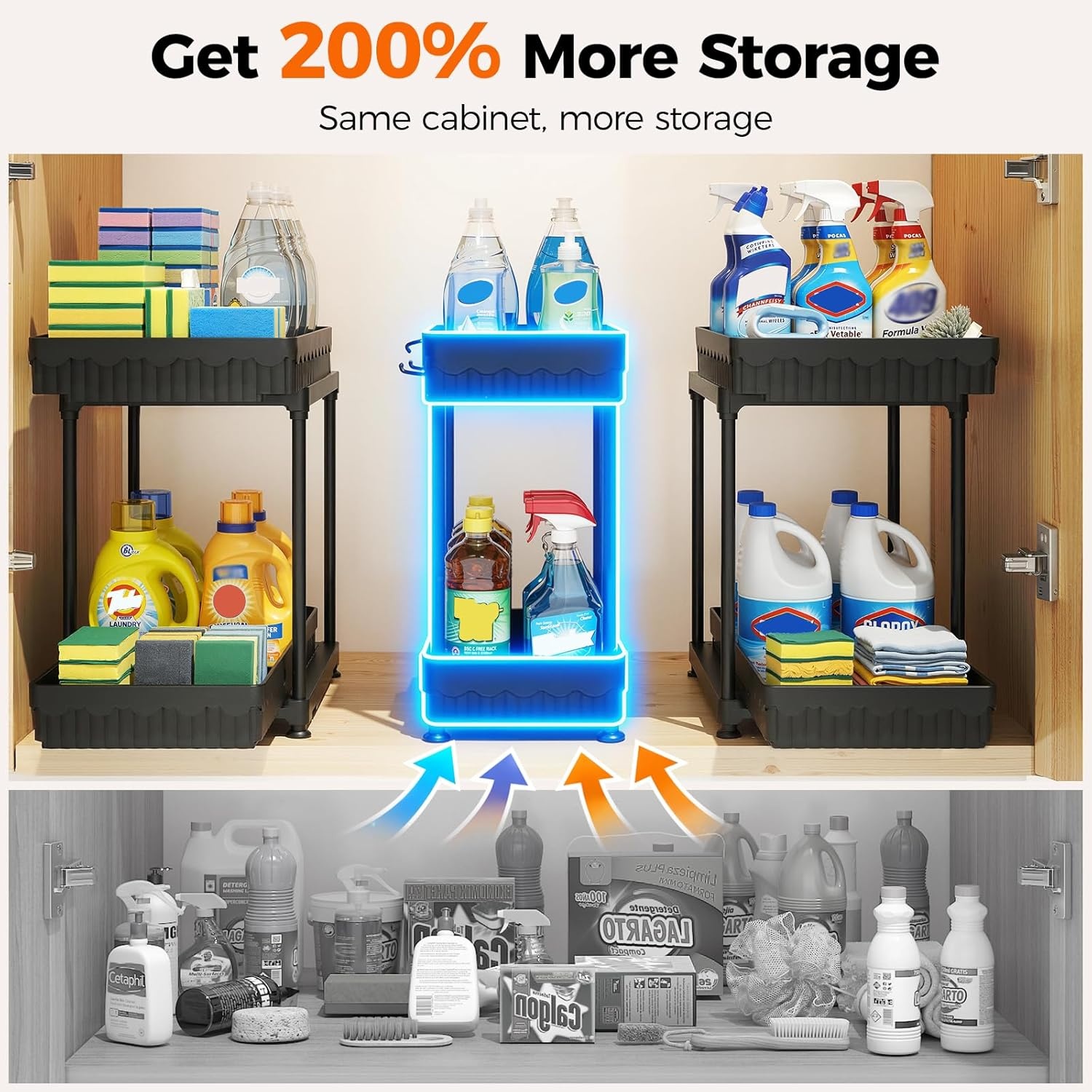 image:imageSevenblue 3 Pack Under Sink Organizers2Tier MultiUse Kitchen and Bathroom Organizers and Storage with Sliding DrawersBathroom Cabinet Organizer Black 128 InchBlack 2Tier Sliding