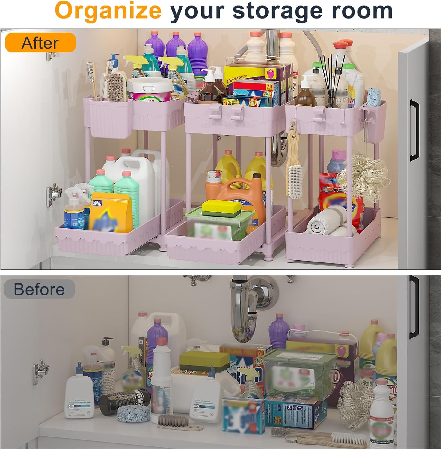 image:imageSevenblue 3 Pack Under Sink Organizers2Tier MultiUse Kitchen and Bathroom Organizers and Storage with Sliding DrawersBathroom Cabinet Organizer Black 128 InchPink