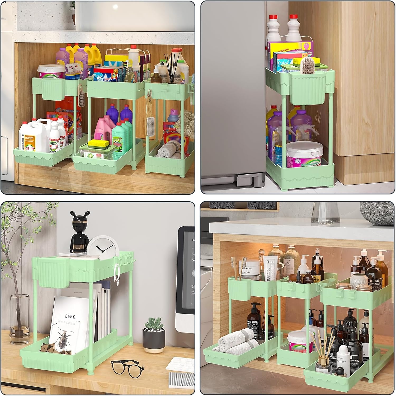 image:imageSevenblue 3 Pack Under Sink Organizers2Tier MultiUse Kitchen and Bathroom Organizers and Storage with Sliding DrawersBathroom Cabinet Organizer Black 128 InchGreen